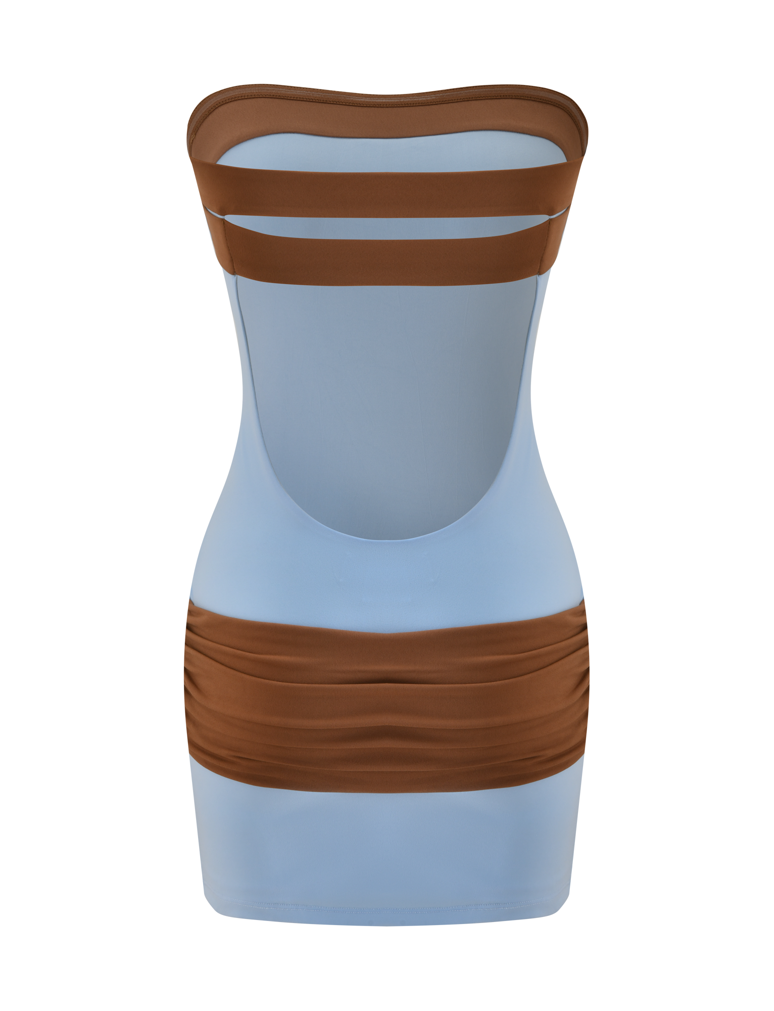The TIGERMIST EOS MINI DRESS in soft blue and mocha is a strapless, colour-blocked mini dress with an open back and ruched hip detailing.