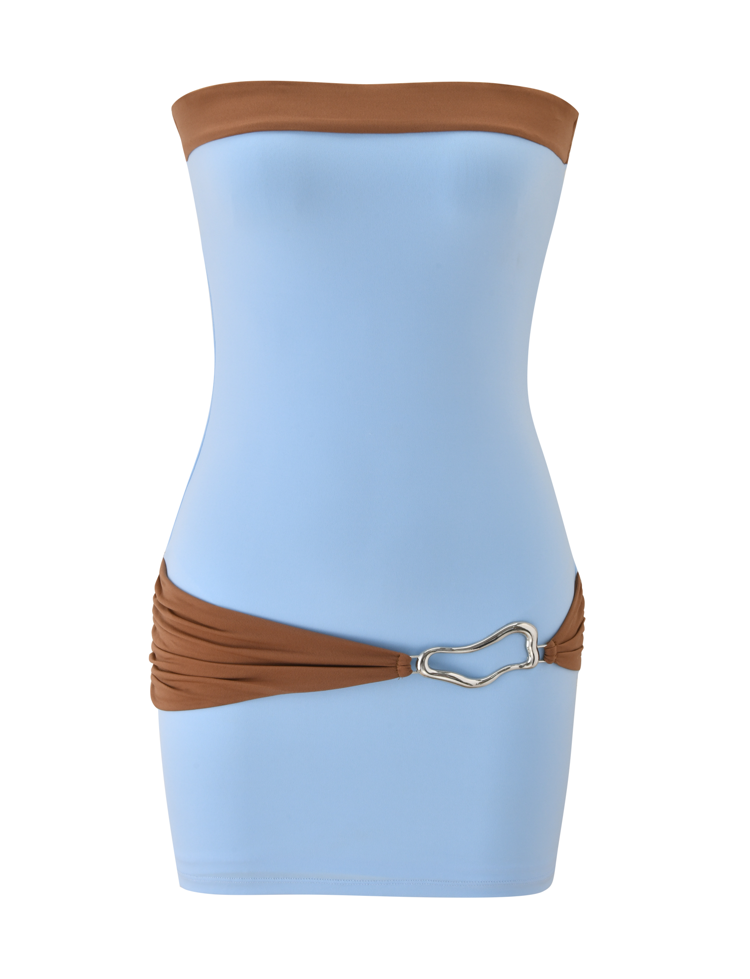 The EOS MINI DRESS by TIGERMIST is a strapless, colour-blocked mini in soft blue and mocha, featuring brown bands at the top and hips with a silver abstract buckle accent on one side.