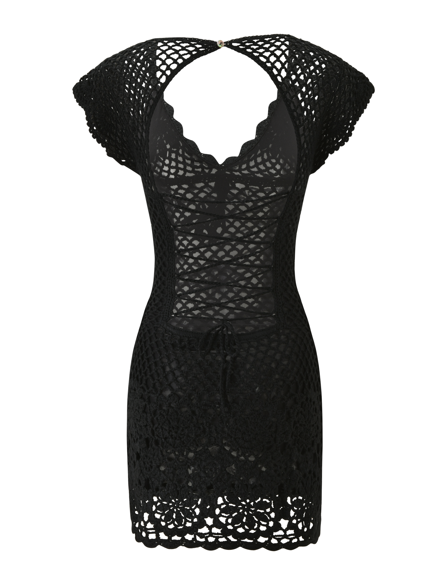 SASHA CROCHET MINI DRESS - BLACK by TIGERMIST showcases scalloped edges, cap sleeves, a deep V neckline, detailed openwork floral patterns throughout, and a bold lace-up back for an effortlessly chic look.