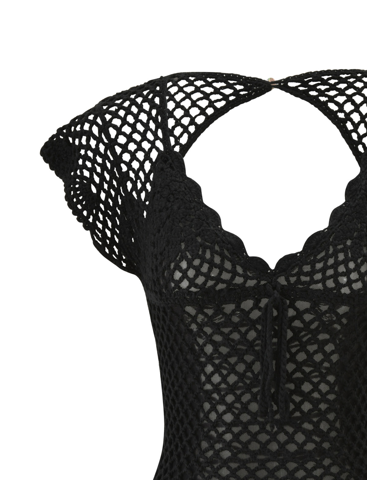 Close-up of the SASHA CROCHET MINI DRESS by TIGERMIST in black, featuring short sleeves, a scalloped V neckline, and tie detail at the chest. This intricately textured crochet mini dress is showcased against a plain white background.