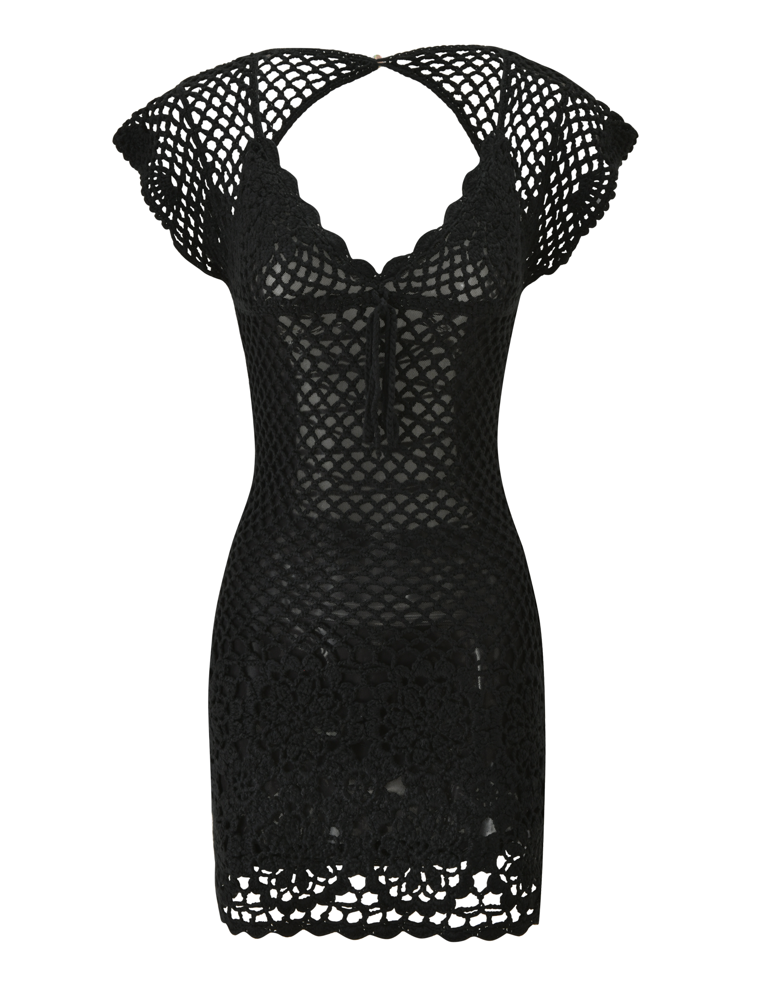 The SASHA CROCHET MINI DRESS - BLACK by TIGERMIST features a black, intricately openwork crochet design with scalloped edges, cap sleeves, and a tie detail at the neckline. This mini dress also includes a delicate lace-up back for an elegant finishing touch.