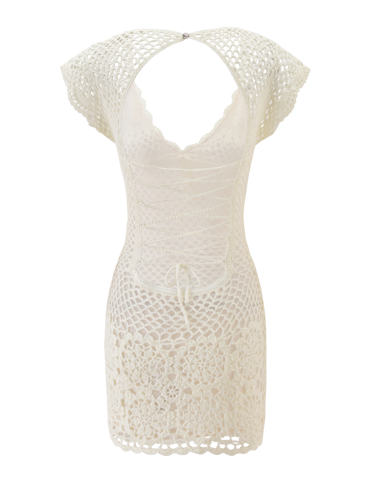 The SASHA CROCHET MINI DRESS by TIGERMIST is a white mini dress with cap sleeves, an open back, lace-up front, and floral hem—ideal as a swim cover-up or for vacation.