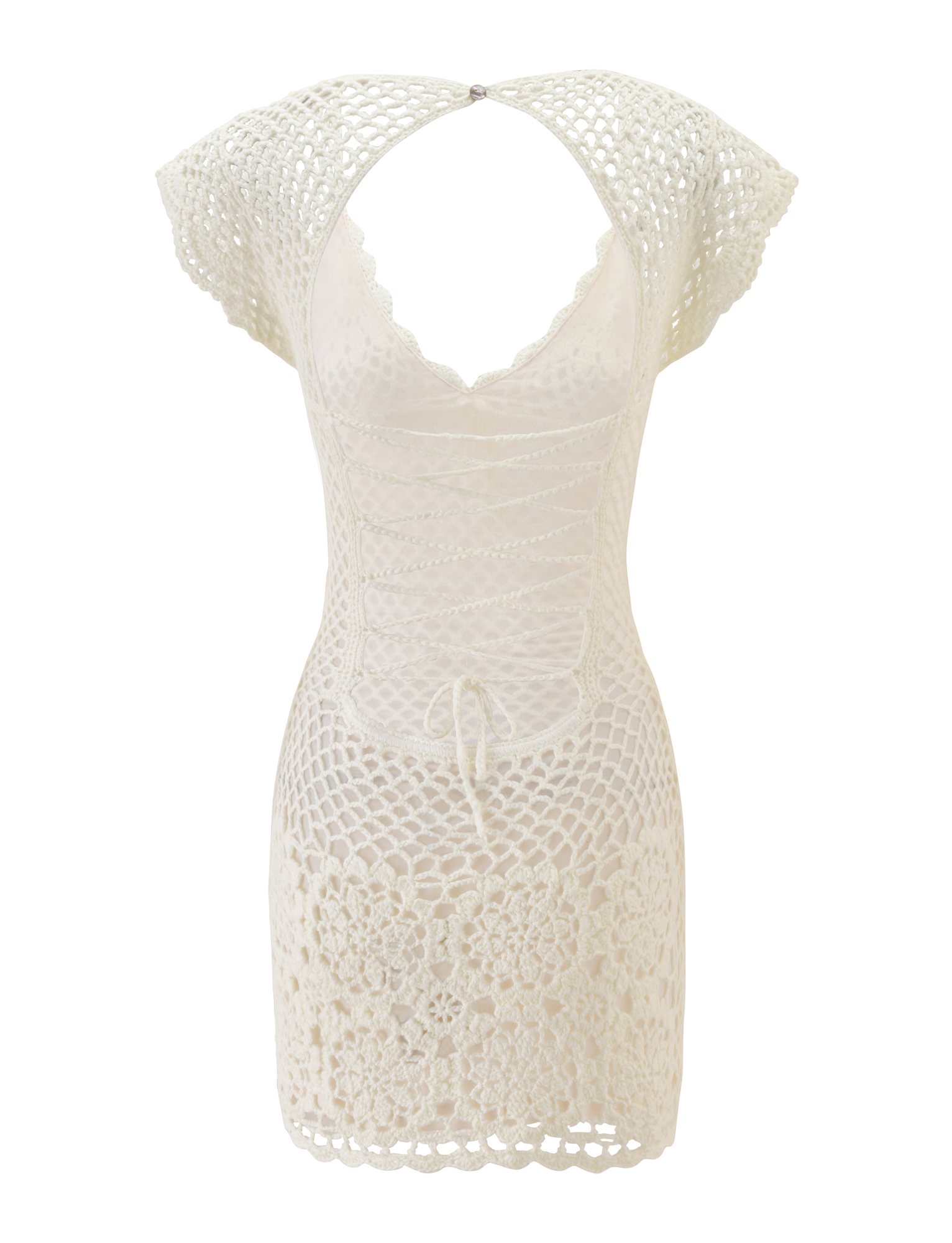 The SASHA CROCHET MINI DRESS by TIGERMIST is a white mini dress with cap sleeves, an open back, lace-up front, and floral hem—ideal as a swim cover-up or for vacation.
