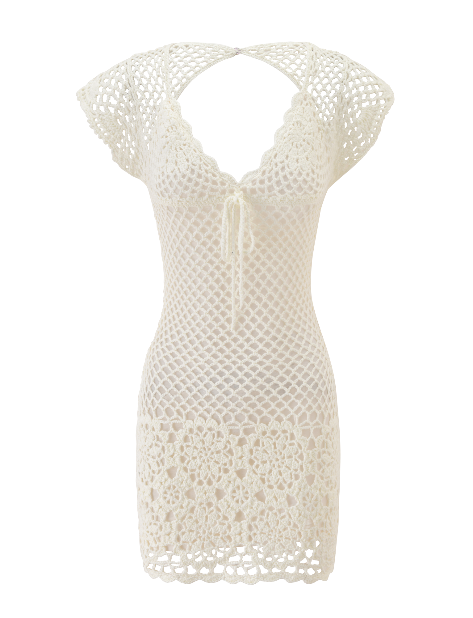 The SASHA CROCHET MINI DRESS by TIGERMIST features cream-white crochet, short sleeves, a scalloped hem, open-knit diamond bodice, bust drawstring tie, and floral crochet skirt. Ideal as a vacation dress or swim cover-up. Shown on white background.