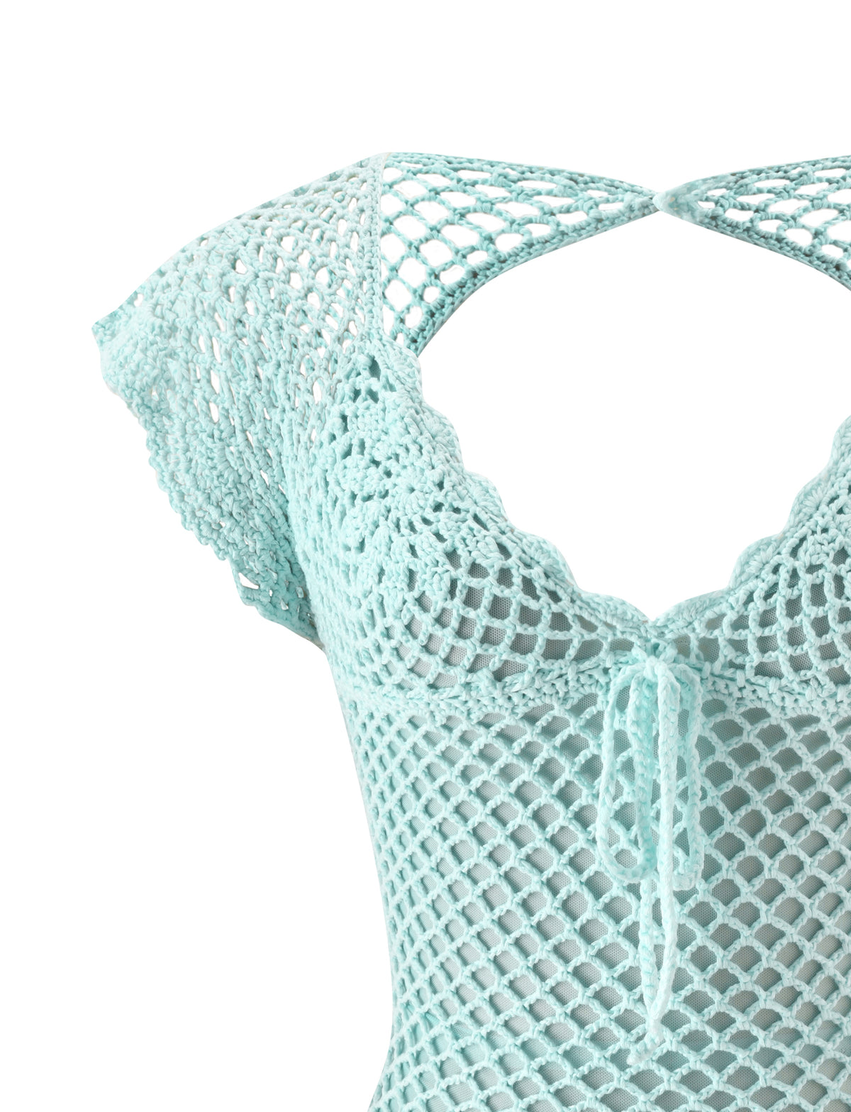 SASHA CROCHET MINI DRESS - MINT by TIGERMIST features cap sleeves, a scalloped neckline, and front tie. Its open weave is perfect as a bikini cover up for an airy, semi-sheer look. No background or person visible.
