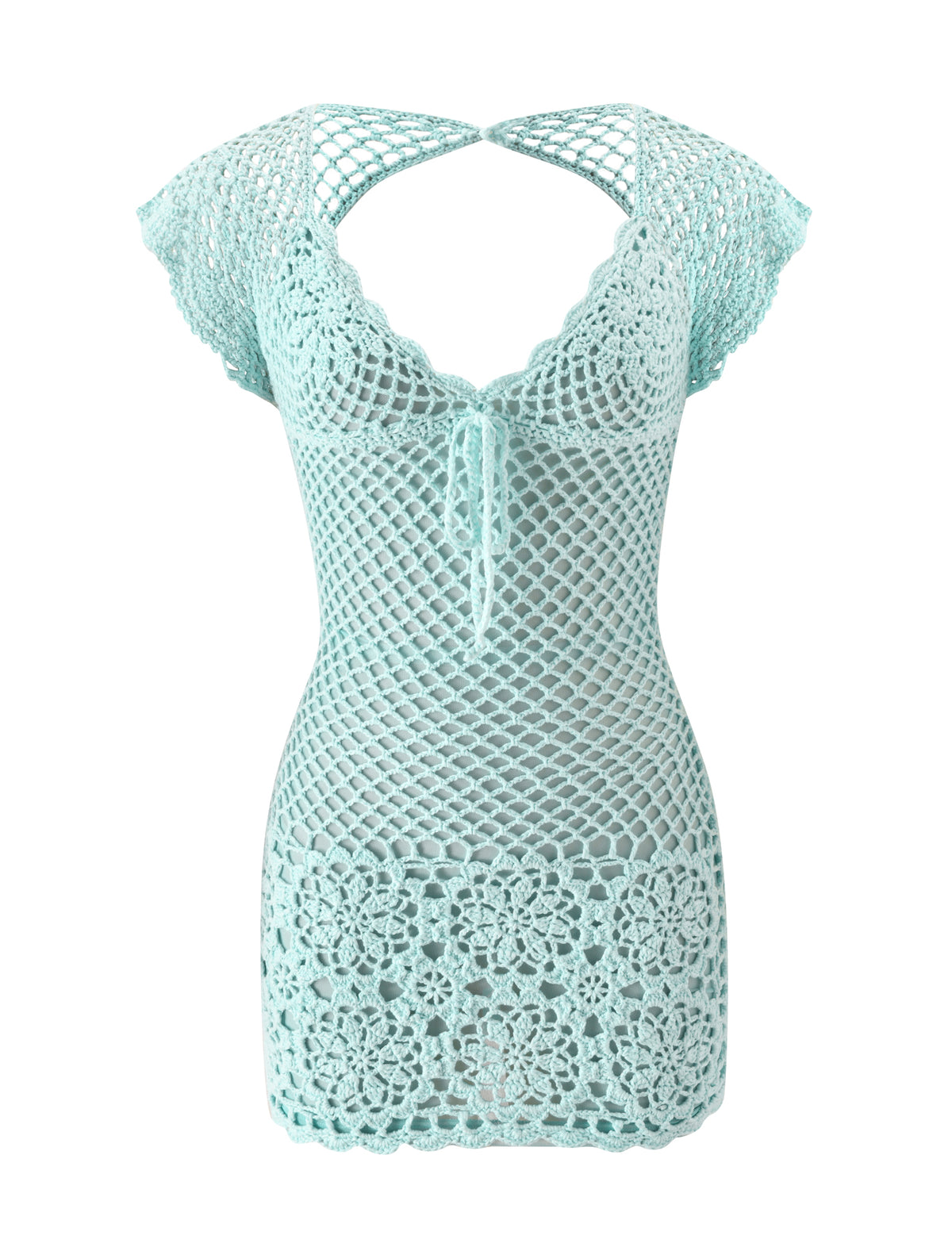 The SASHA CROCHET MINI DRESS - MINT by TIGERMIST features short sleeves, a V-neck with bust tie, floral crochet hem, and open mesh design—ideal as a chic bikini cover up.