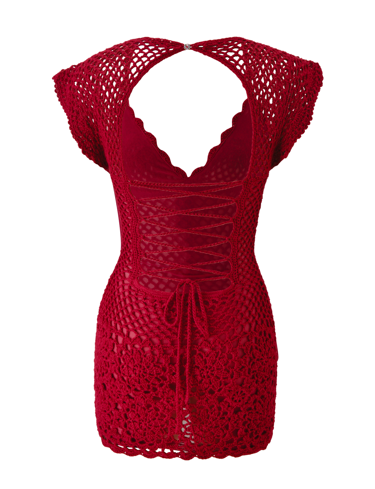The SASHA CROCHET MINI DRESS - CHERRY RED by TIGERMIST features cap sleeves, a scalloped neckline, lace-up front, open back, fitted waist, and open-knit pattern—perfect as a chic bikini cover up.