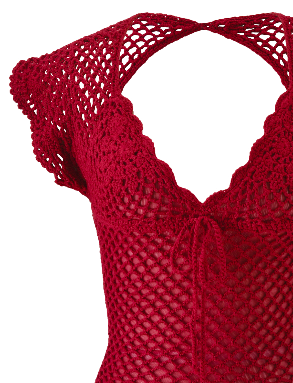 Close-up of the SASHA CROCHET MINI DRESS - CHERRY RED by TIGERMIST, featuring a see-through crochet knit with scalloped edges, cap sleeves, a front tie, and intricate handmade details.