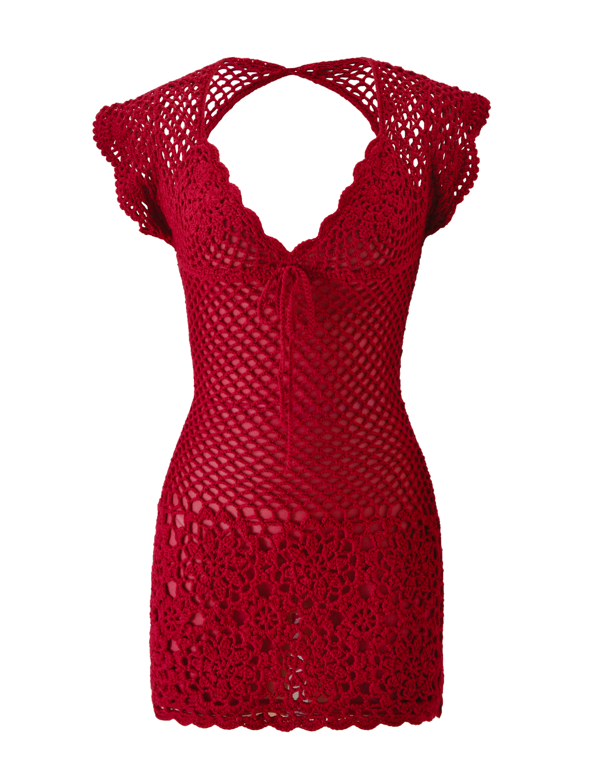 The SASHA CROCHET MINI DRESS - CHERRY RED by TIGERMIST features cap sleeves, a V-neckline, open back, and tie chest detail—perfect as a chic bikini cover up.