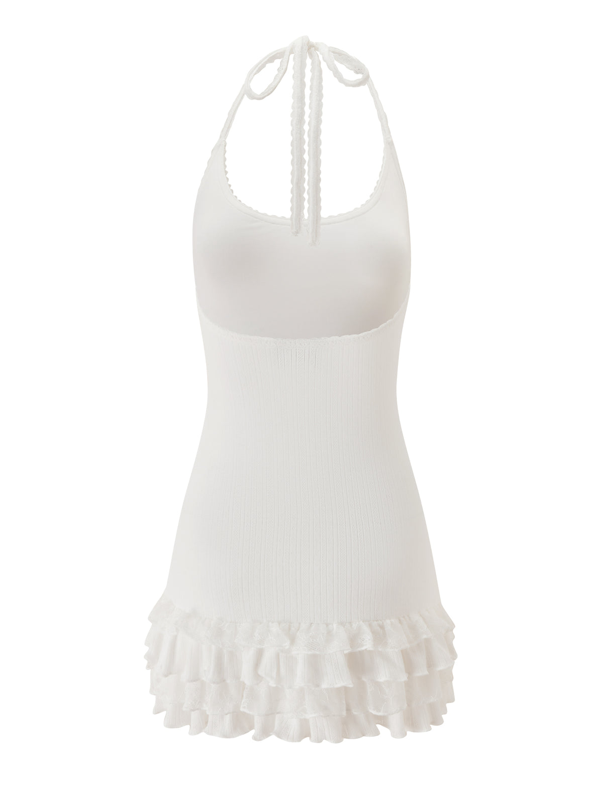 The TIPPI MINI DRESS - WHITE by TIGERMIST is a white halter-neck mini dress with a fitted bodice and layered ruffle hem, detailed with delicate lace trim, photographed against a plain white background.