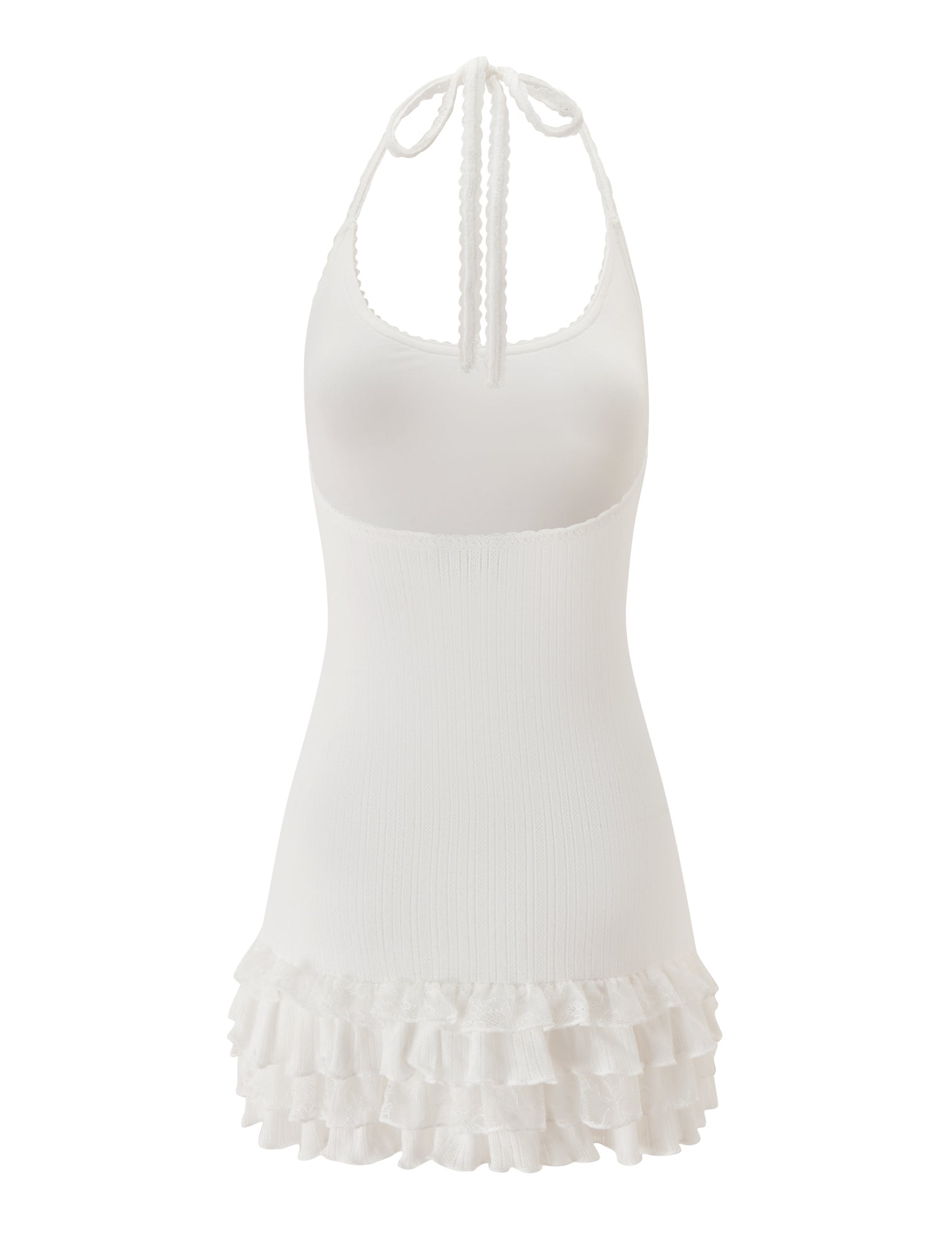 The TIPPI MINI DRESS - WHITE by TIGERMIST is a white halter-neck mini dress with a fitted bodice and layered ruffle hem, detailed with delicate lace trim, photographed against a plain white background.