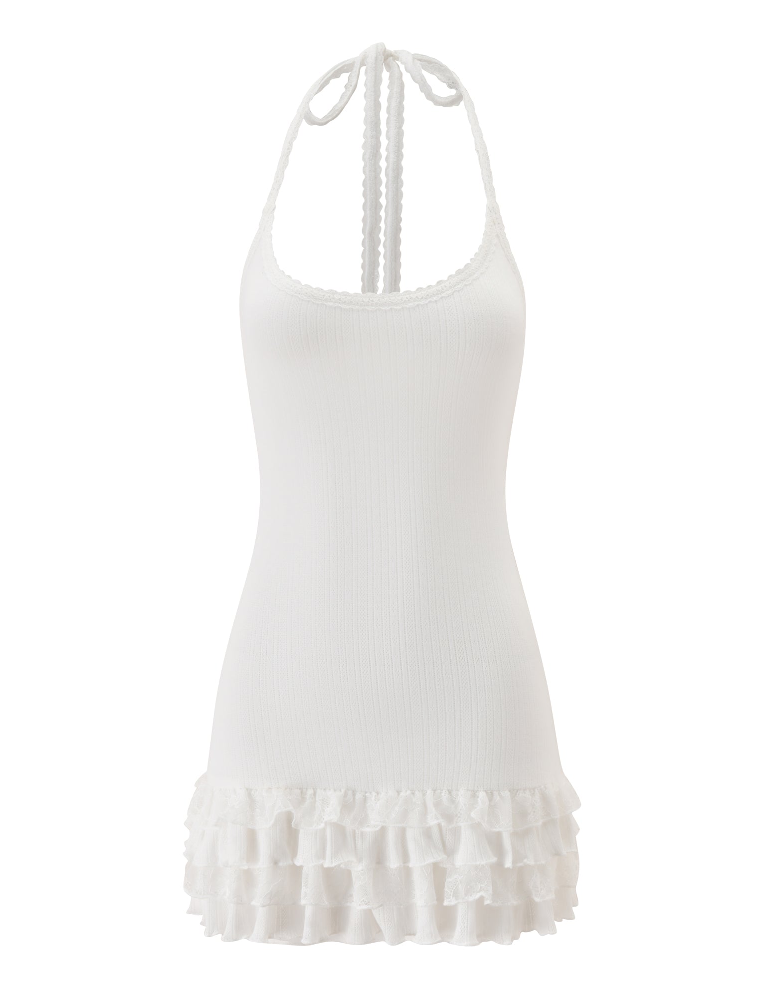 The TIPPI MINI DRESS - WHITE by TIGERMIST is a white halter-neck mini dress with a sleeveless design, featuring a tie at the neck and layered ruffles at the hem, accented with delicate lace trim detailing, displayed against a plain white background.