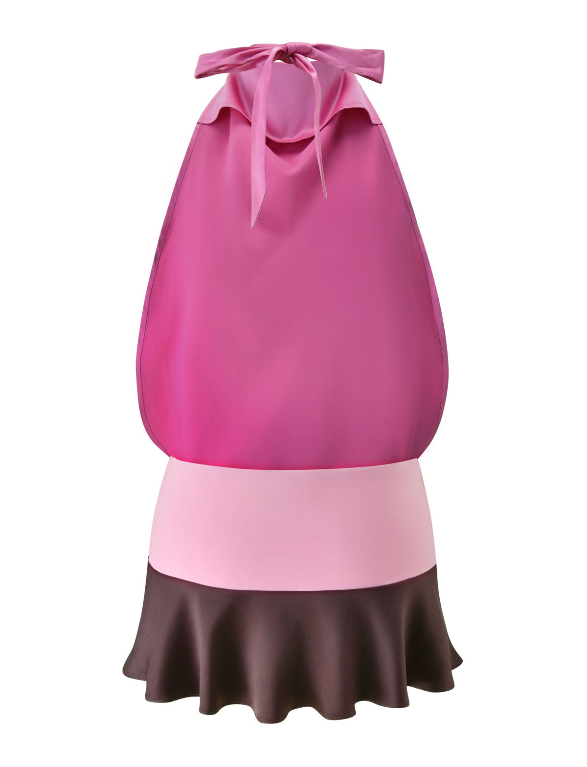 The GRETA MINI DRESS - WILD BERRY by TIGERMIST is a three-tone, colour-blocked mini dress featuring a pink halter top, a light pink waistband, and a brown ruffled skirt reminiscent of a satin flounce style, shown against a white background.
