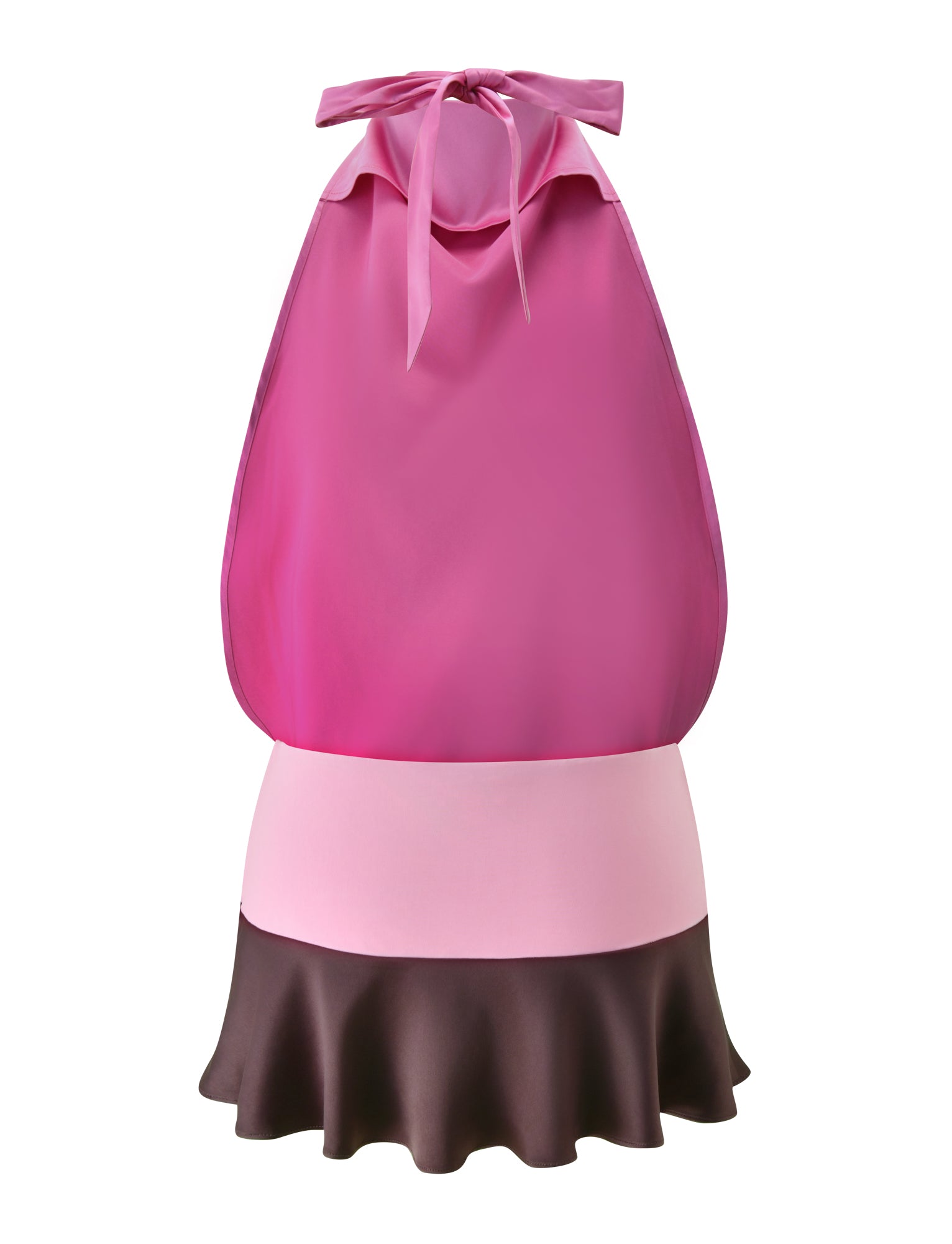 The GRETA MINI DRESS - WILD BERRY by TIGERMIST is a three-tone, colour-blocked mini dress featuring a pink halter top, a light pink waistband, and a brown ruffled skirt reminiscent of a satin flounce style, shown against a white background.