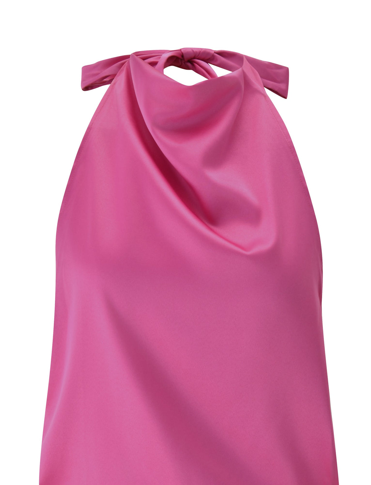 A close-up of TIGERMIST’s GRETA MINI DRESS in Wild Berry, a sleeveless mini dress with a draped neckline, tie closure at the neck, and crafted from smooth, shiny fabric.