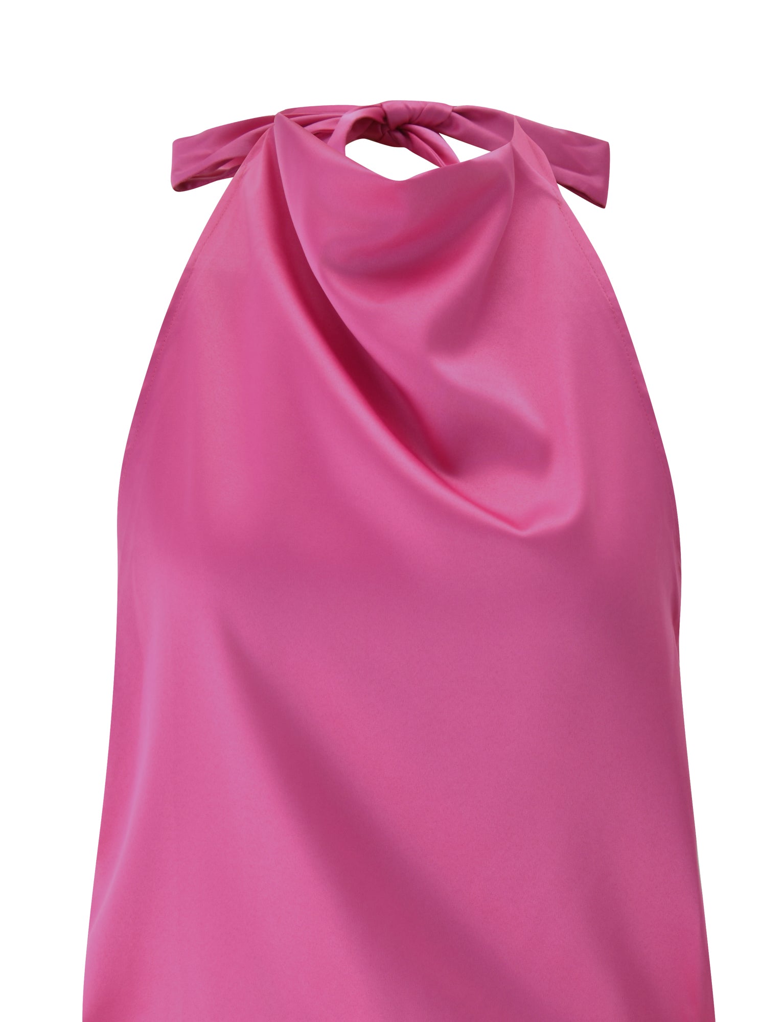 A close-up of TIGERMIST’s GRETA MINI DRESS in Wild Berry, a sleeveless mini dress with a draped neckline, tie closure at the neck, and crafted from smooth, shiny fabric.