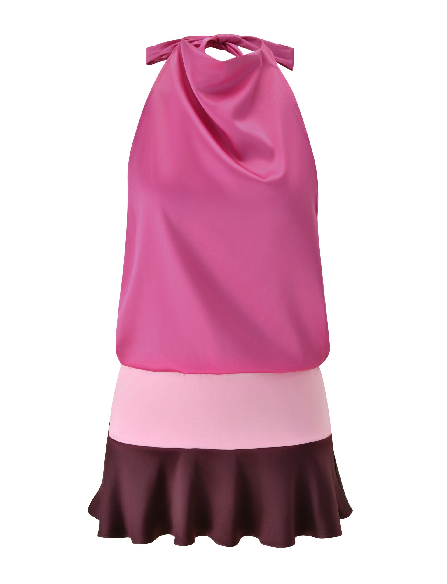 The GRETA MINI DRESS - WILD BERRY by TIGERMIST is a colour-blocked party dress showcasing a sleeveless halter neckline with a draped magenta top, light pink midsection, and dark burgundy satin flounce skirt.