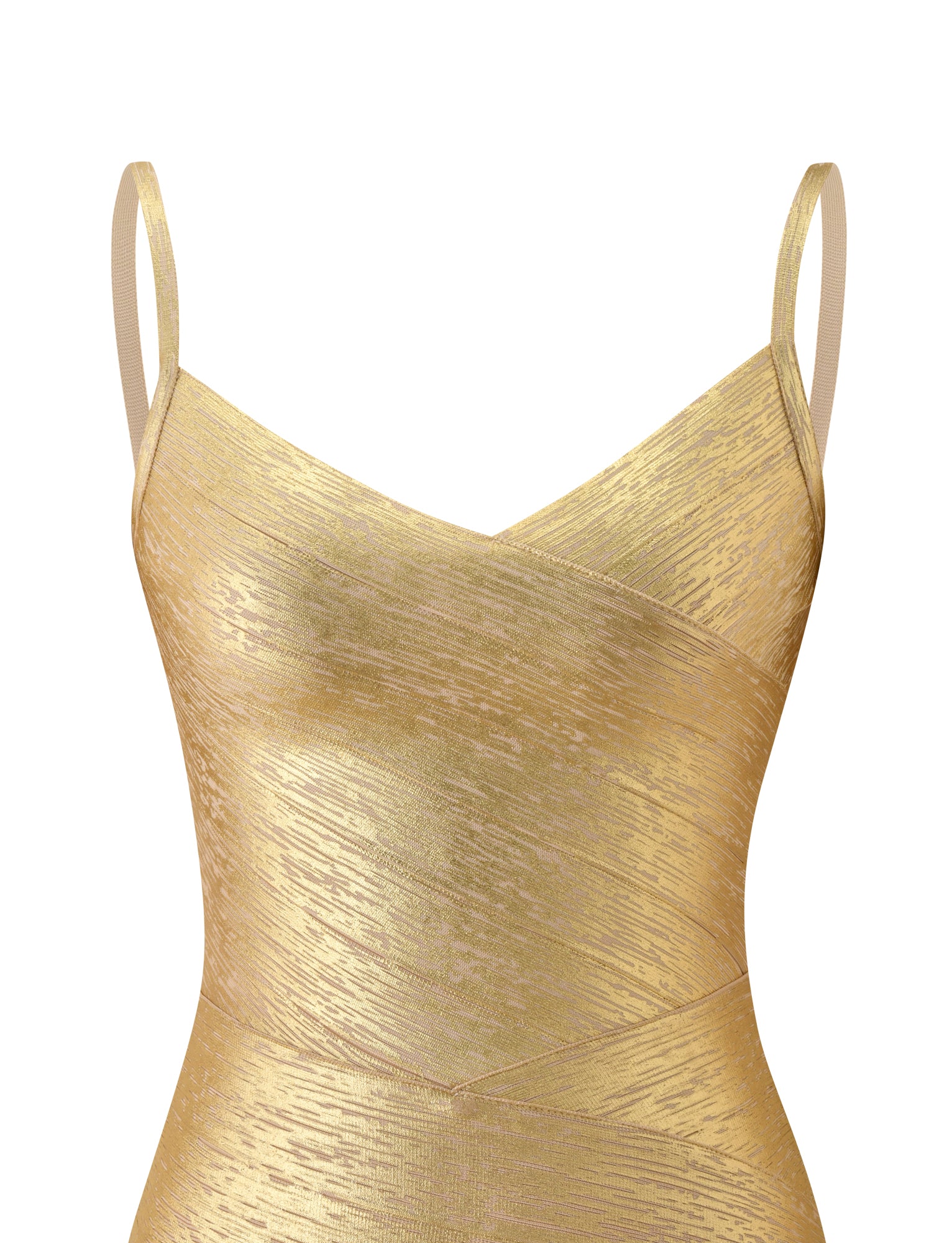 Turn heads in the KENZA BANDAGE MINI DRESS - GOLD by TIGERMIST. This gold sleeveless mini dress features thin straps and a textured, metallic finish with a subtle sheen. The bodice showcases an elegant wrap design, while the eye-catching fabric pattern makes this statement piece perfect for special occasions.