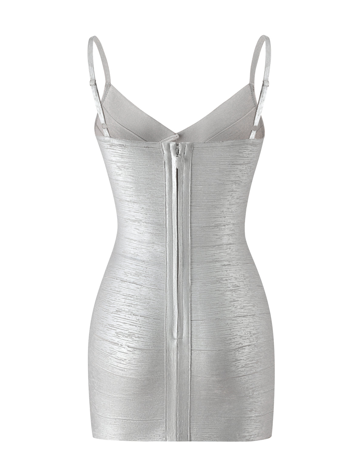 The back view of the TIGERMIST KENZA BANDAGE MINI DRESS in metallic silver showcases its sleeveless, bodycon silhouette with thin adjustable straps and a central vertical zipper—making it an ideal choice for special occasions.