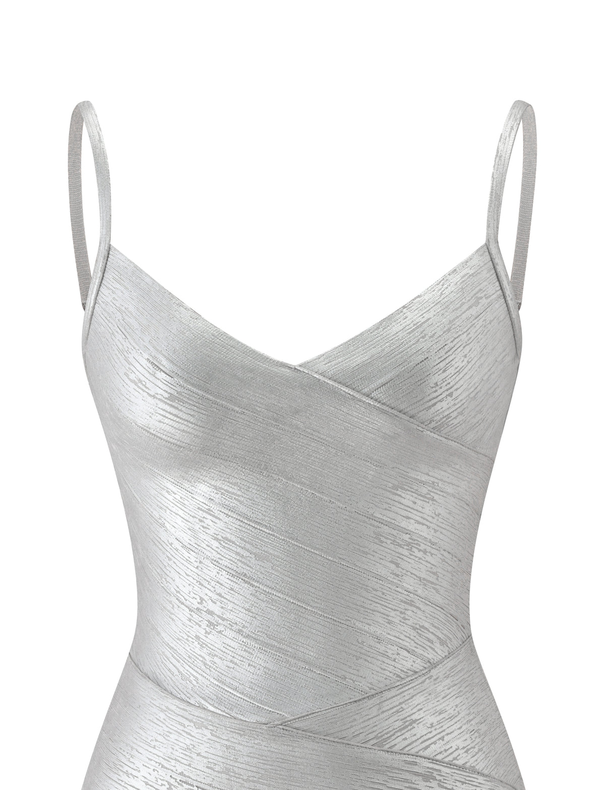 The KENZA BANDAGE MINI DRESS by TIGERMIST is a silver sleeveless bodycon mini dress featuring thin straps and a wrap-style bodice with a subtle textured pattern. Diagonal paneling at the waist creates a fitted silhouette, making it an ideal choice for special occasions. Shown against a plain white background.