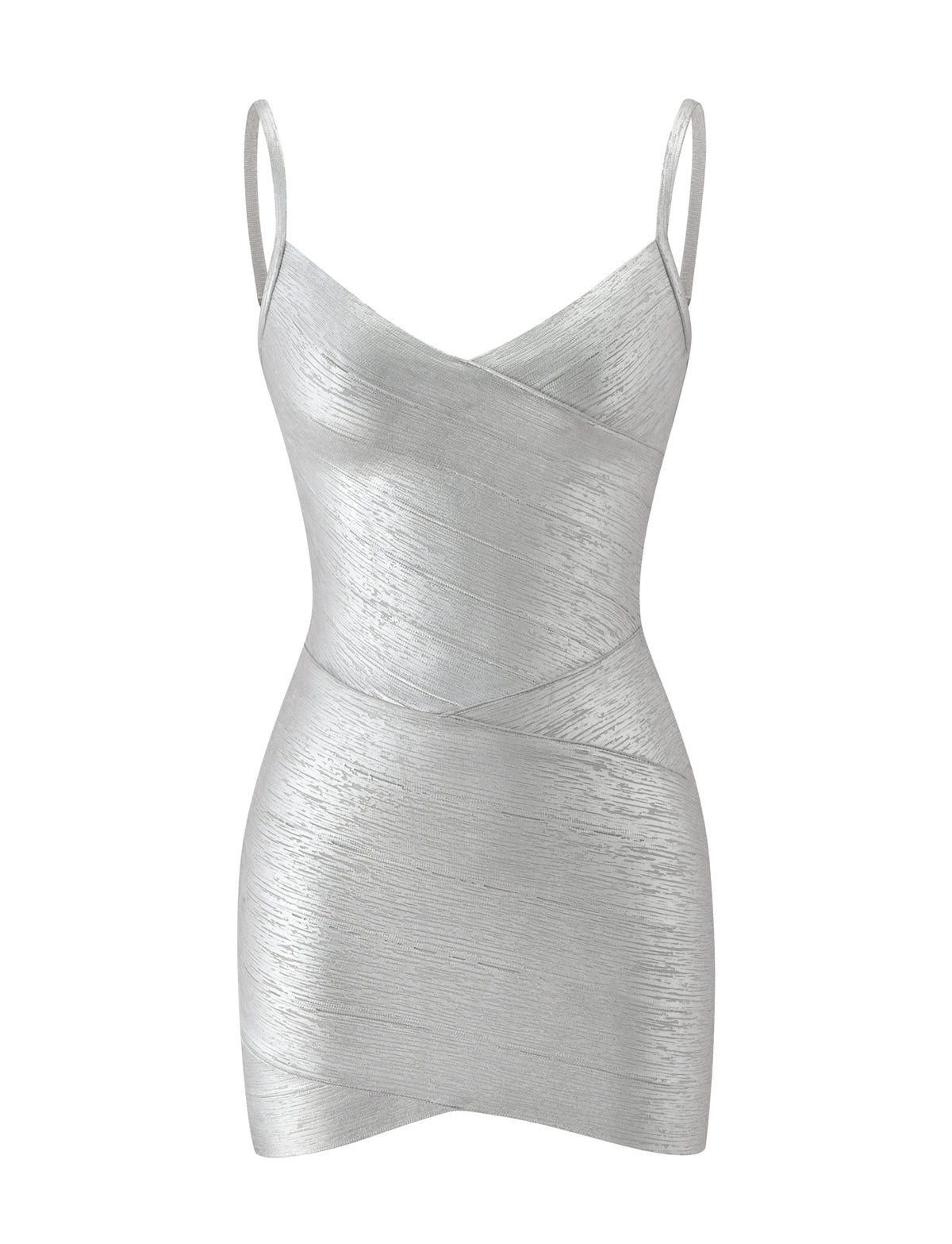 The KENZA BANDAGE MINI DRESS by TIGERMIST is showcased in metallic silver, featuring spaghetti straps and a wrap-style bodycon fit—an eye-catching special occasion piece designed to make a statement.