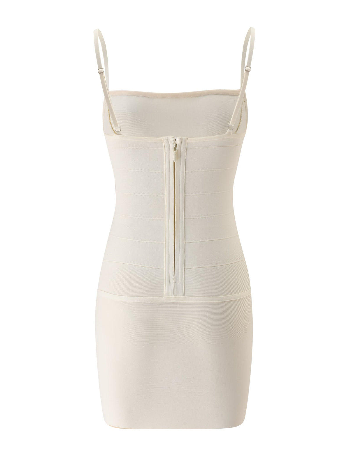 The TIGERMIST TAHNIA BANDAGE MINI DRESS in cream is a bodycon mini dress with adjustable spaghetti straps and a visible back zipper, showcased against a white background.