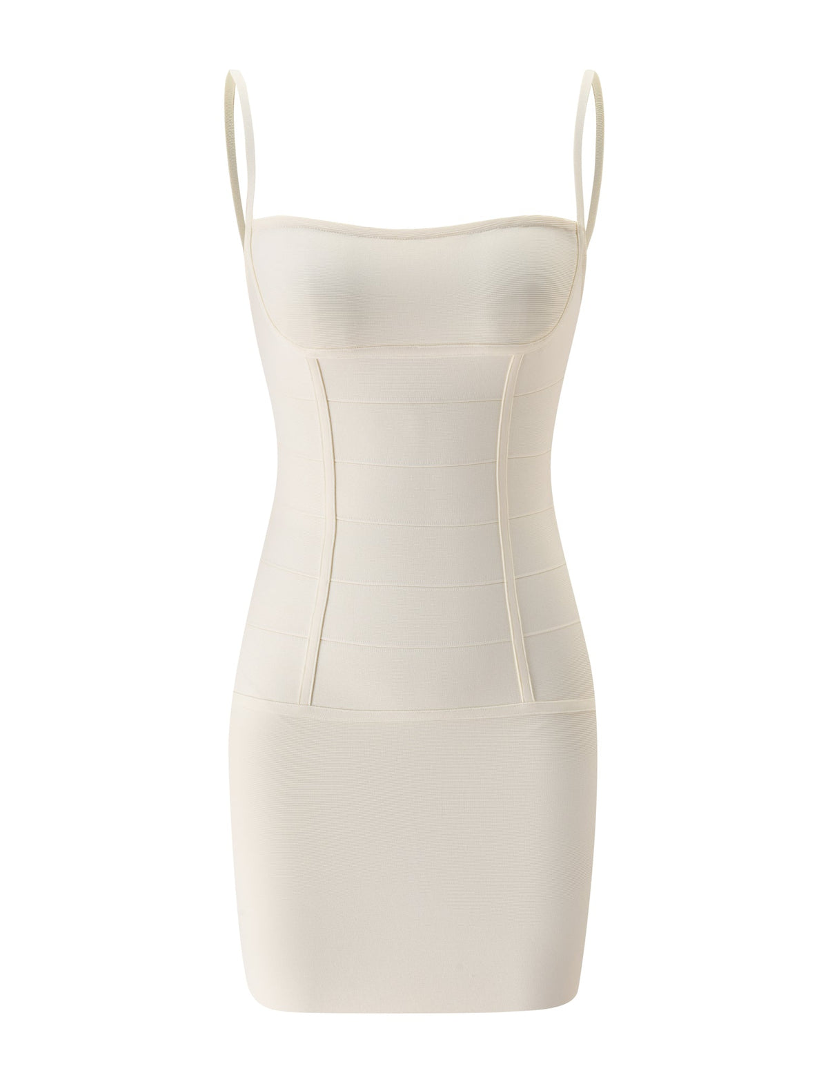 The TAHNIA BANDAGE MINI DRESS by TIGERMIST is a cream-colored, fitted mini dress featuring thin spaghetti straps and smooth, seamless bandage panels for a flattering bodycon fit, shown against a white background.