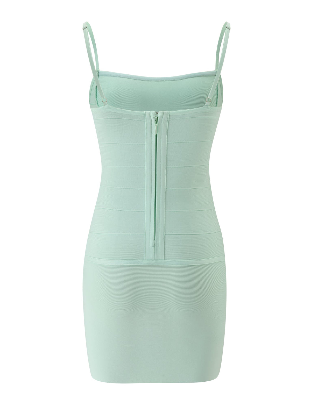 The TAHNIA BANDAGE MINI DRESS by TIGERMIST features a pale mint green hue, thin straps, a visible back zipper, and fitted bandage-style material that creates a sleek corseted silhouette. The dress is displayed against a white background.