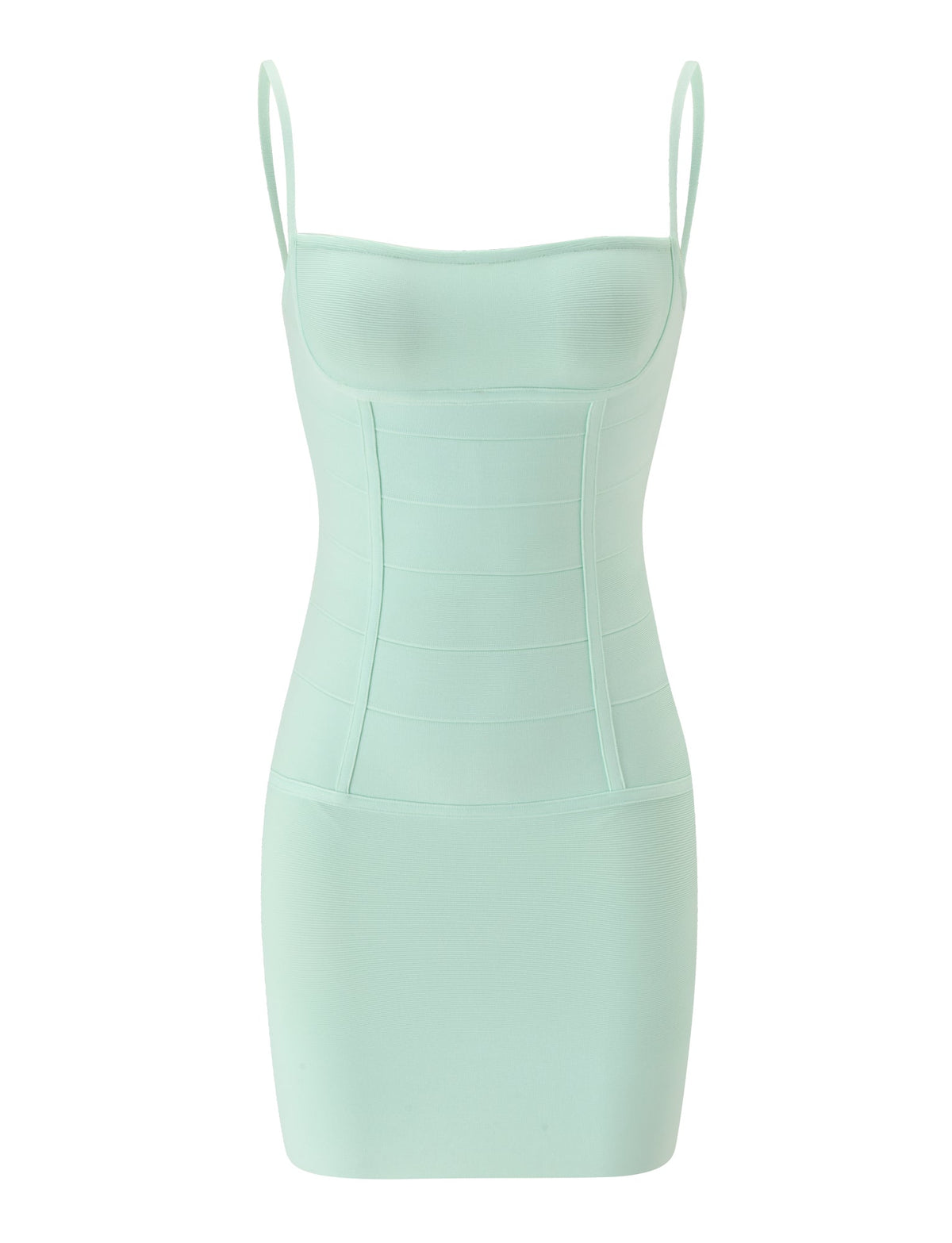 The TAHNIA BANDAGE MINI DRESS in mint by TIGERMIST features thin shoulder straps, structured paneling, and a fitted bodycon silhouette with a subtle corseted design to enhance your shape. Elegantly showcased against a plain white background, this light mint green mini dress offers both style and refinement.