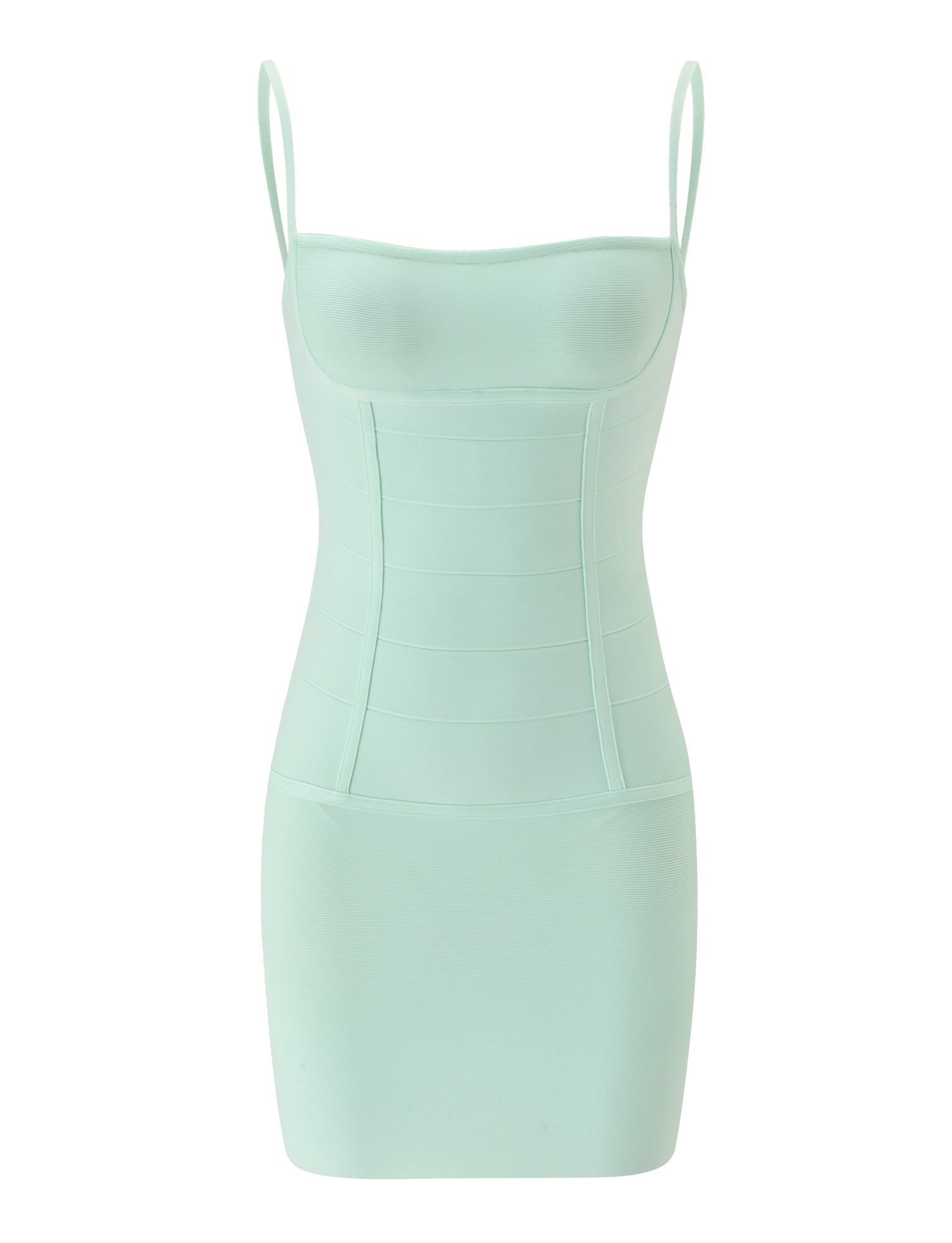 The TAHNIA BANDAGE MINI DRESS in mint by TIGERMIST features thin shoulder straps, structured paneling, and a fitted bodycon silhouette with a subtle corseted design to enhance your shape. Elegantly showcased against a plain white background, this light mint green mini dress offers both style and refinement.