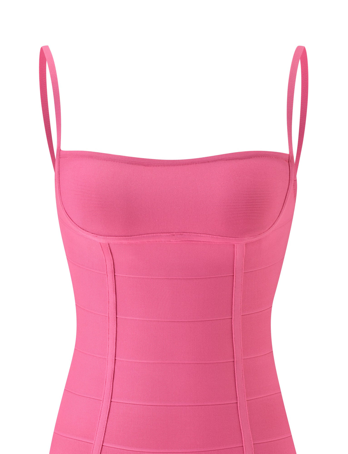 A close-up view of the TIGERMIST TAHNIA BANDAGE MINI DRESS in Passion Fruit, featuring a sleeveless, fitted silhouette with thin shoulder straps, horizontal panel detailing, and a flattering bodycon fit.