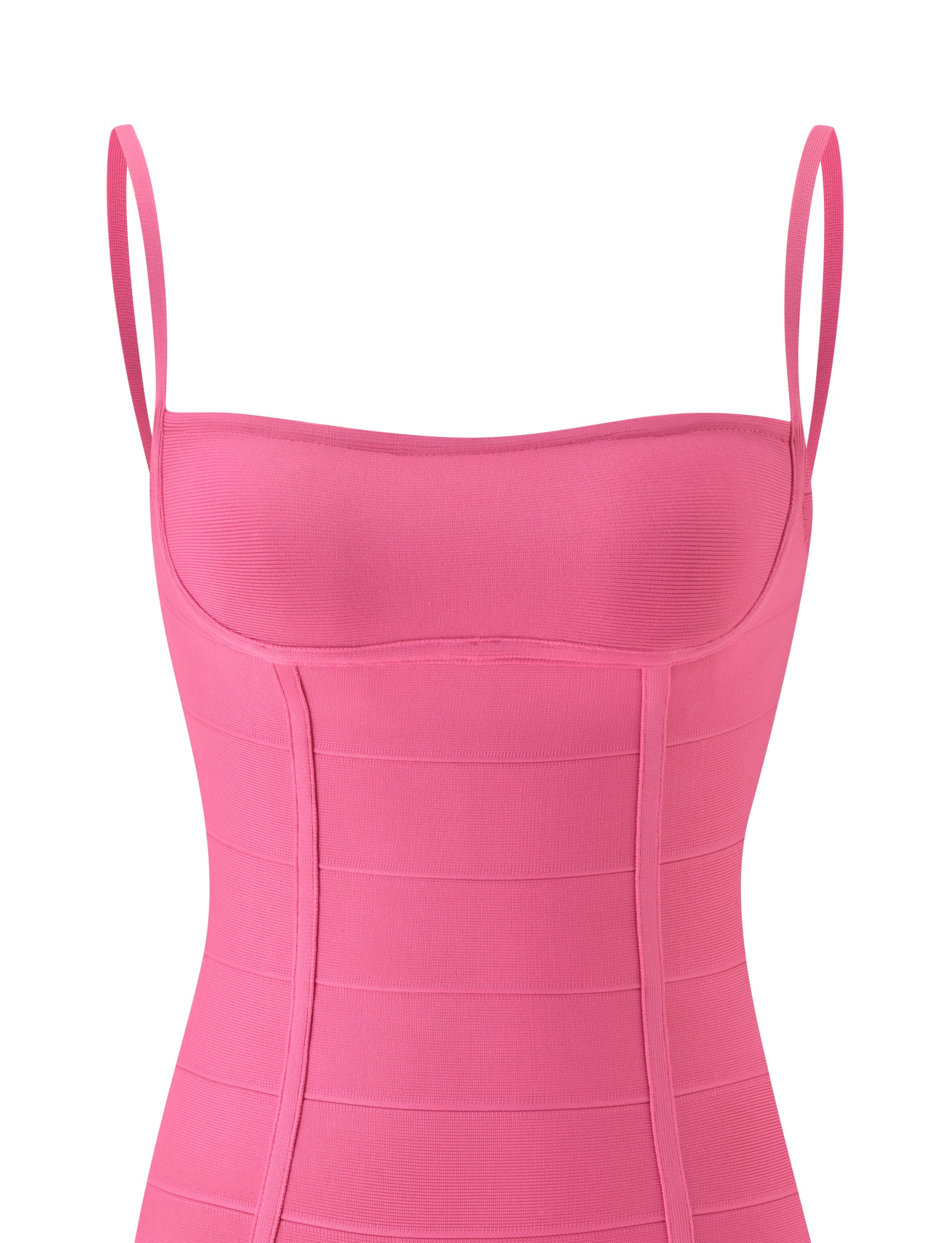 A close-up view of the TIGERMIST TAHNIA BANDAGE MINI DRESS in Passion Fruit, featuring a sleeveless, fitted silhouette with thin shoulder straps, horizontal panel detailing, and a flattering bodycon fit.