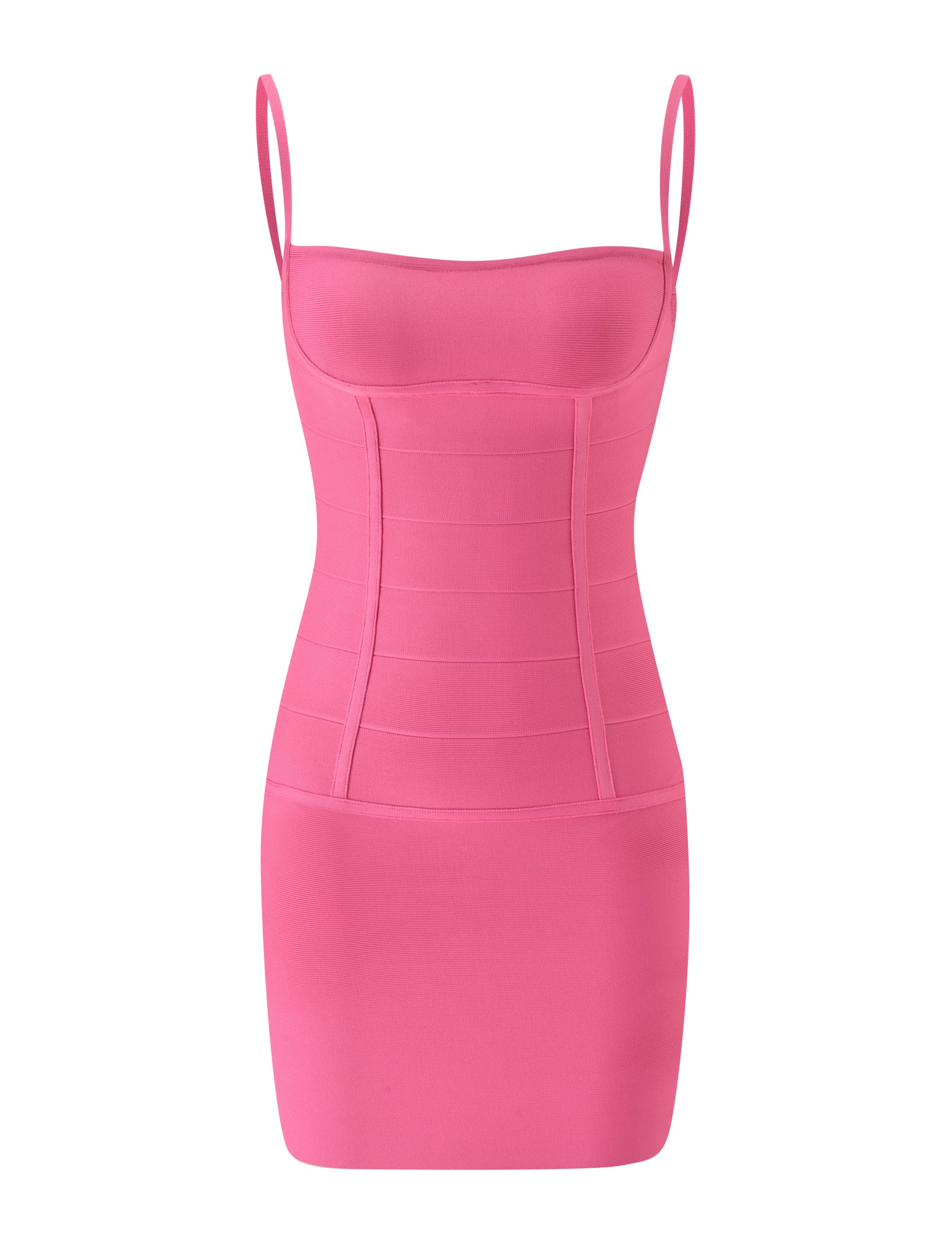 The TAHNIA BANDAGE MINI DRESS in Passion Fruit by TIGERMIST is a sleeveless, fitted mini dress featuring thin spaghetti straps, a structured corseted silhouette bodice, and a straight hem, showcased against a plain white background.
