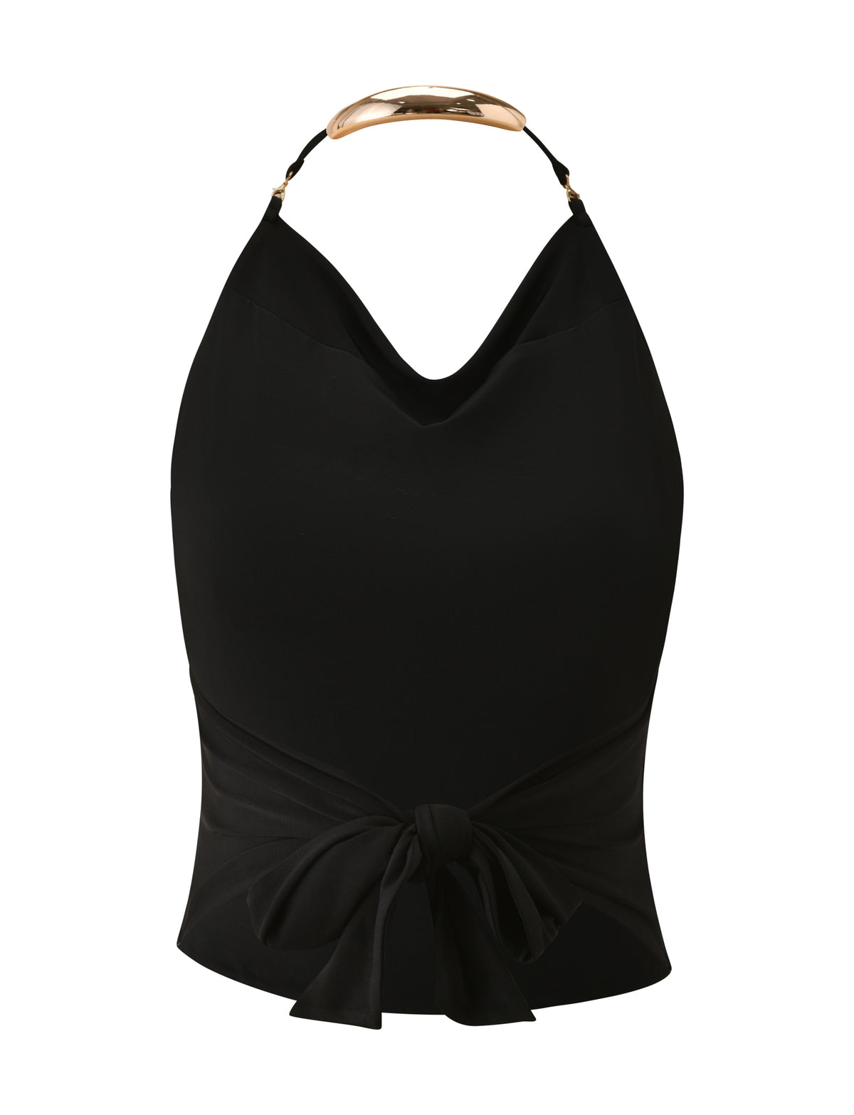 Introducing the SOLIA TOP - BLACK by TIGERMIST: a sleeveless halter neck top featuring a draped cowl neckline, gold metal choker detail, and a smooth, elegant fabric. A sash ties in a bow at the waist, making this chic black top perfect for sophisticated occasions.