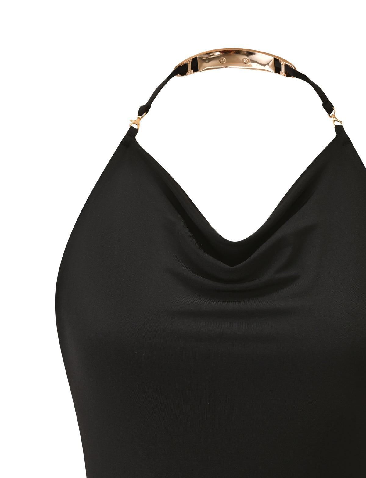 A close-up of the TIGERMIST SOLIA TOP in black, featuring a gold metallic collar and cowl neckline, displayed on a mannequin against a white background.