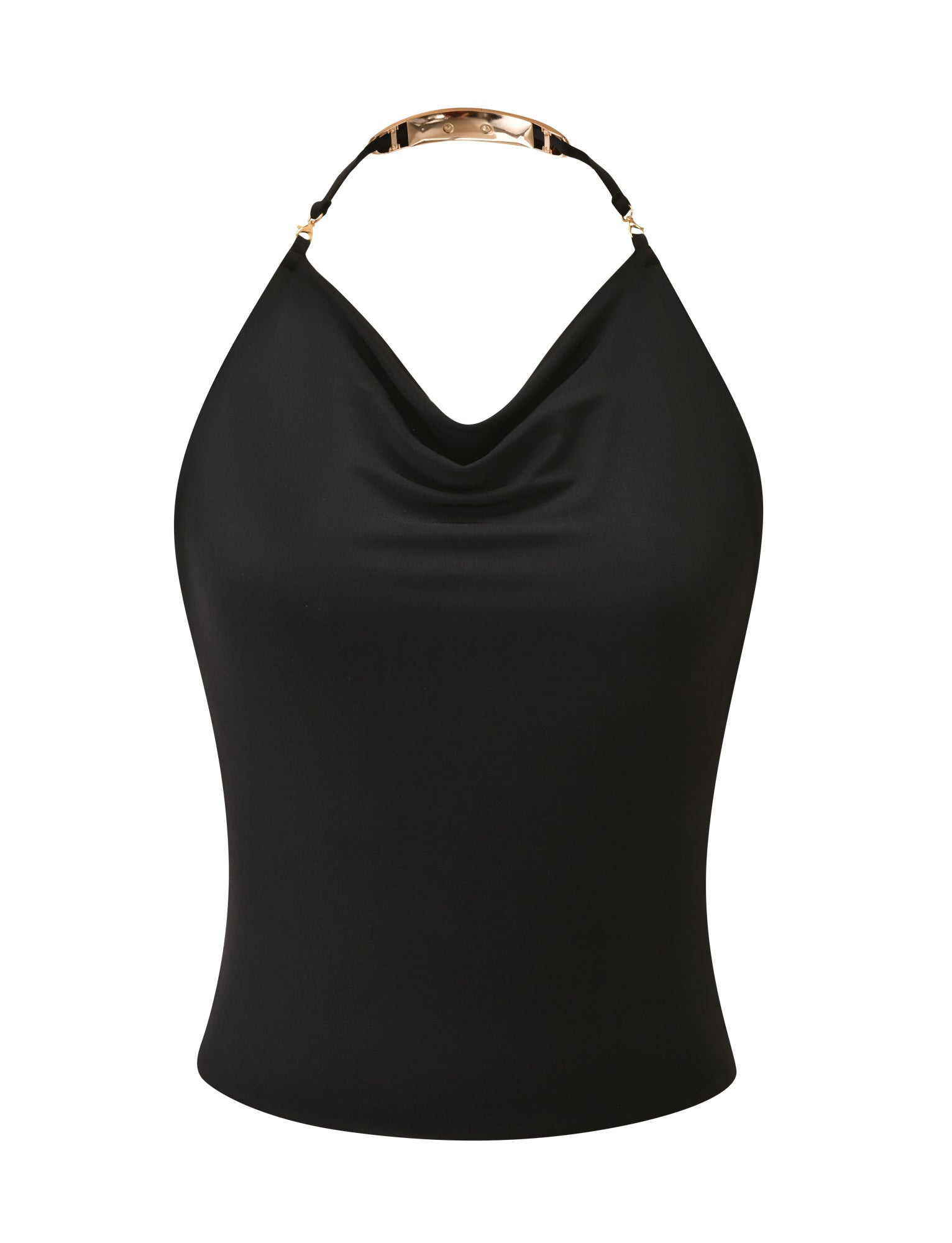 The SOLIA TOP - BLACK by TIGERMIST is a chic black halter-neck sleeveless top with a cowl neckline, gold metallic detail on the neck strap, and an elegant open back, displayed against a white background.