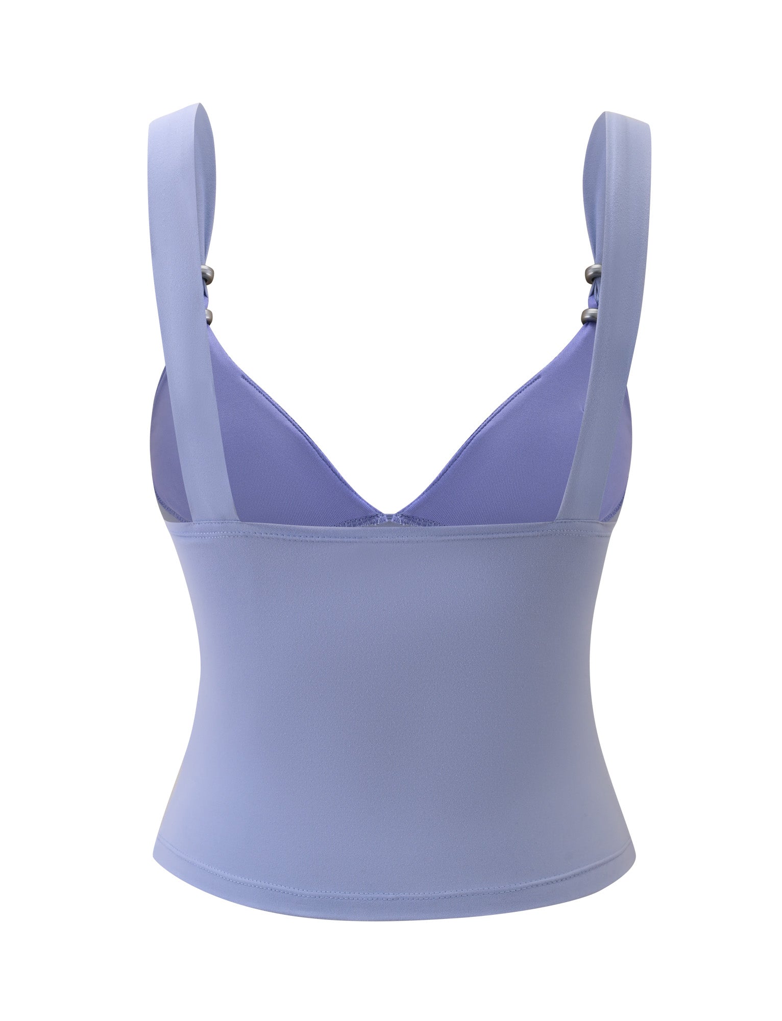 A cornflower blue tonal sleeveless crop top by TIGERMIST, the ORLY TOP features wide straps, a fitted silhouette, and contrast lace triangle cups. Shown from the back against a white background.