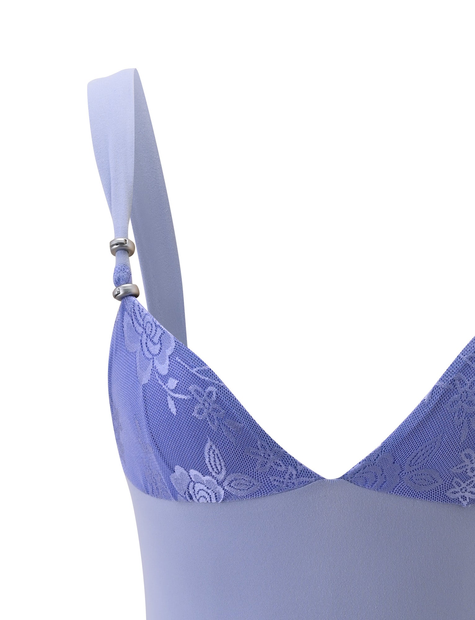 Close-up of the TIGERMIST ORLY TOP in Cornflower Blue Tonal, showcasing contrast lace triangle cups with delicate detailing and an adjustable strap accented with silver beads.