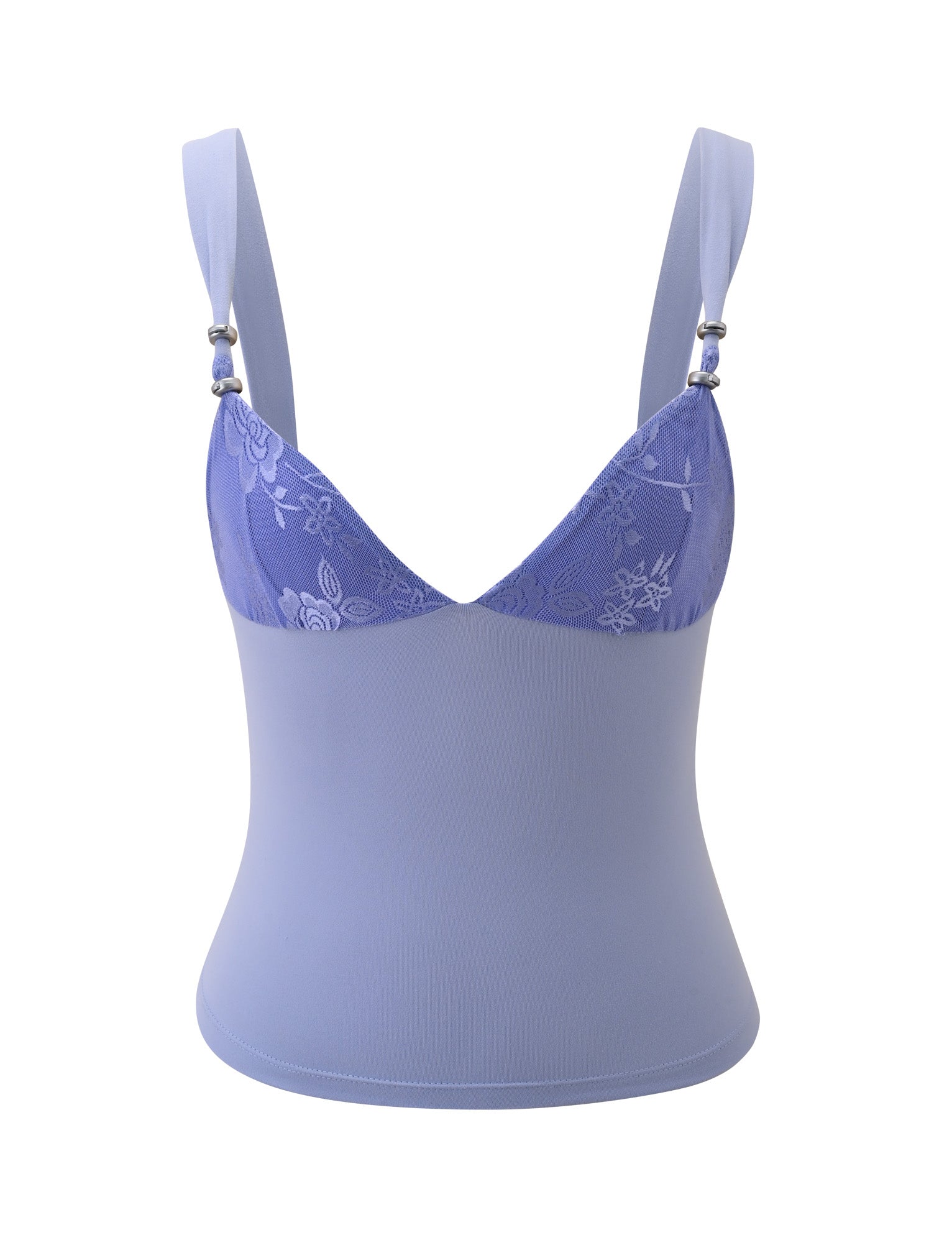 The ORLY TOP - CORNFLOWER BLUE TONAL by TIGERMIST is a light purple camisole featuring thick adjustable straps and contrast lace triangle cups with delicate floral detailing, finished with adjustable silver beads, and displayed against a white background.