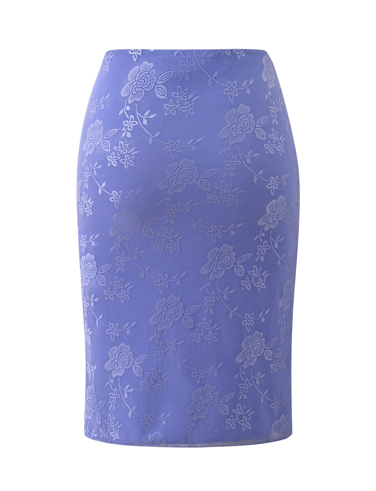 The ORLY MIDI SKIRT in Cornflower Blue Tonal by TIGERMIST features a subtle floral pattern with roses and leaves, channeling a refined 90s-inspired midi silhouette, displayed on a white background.