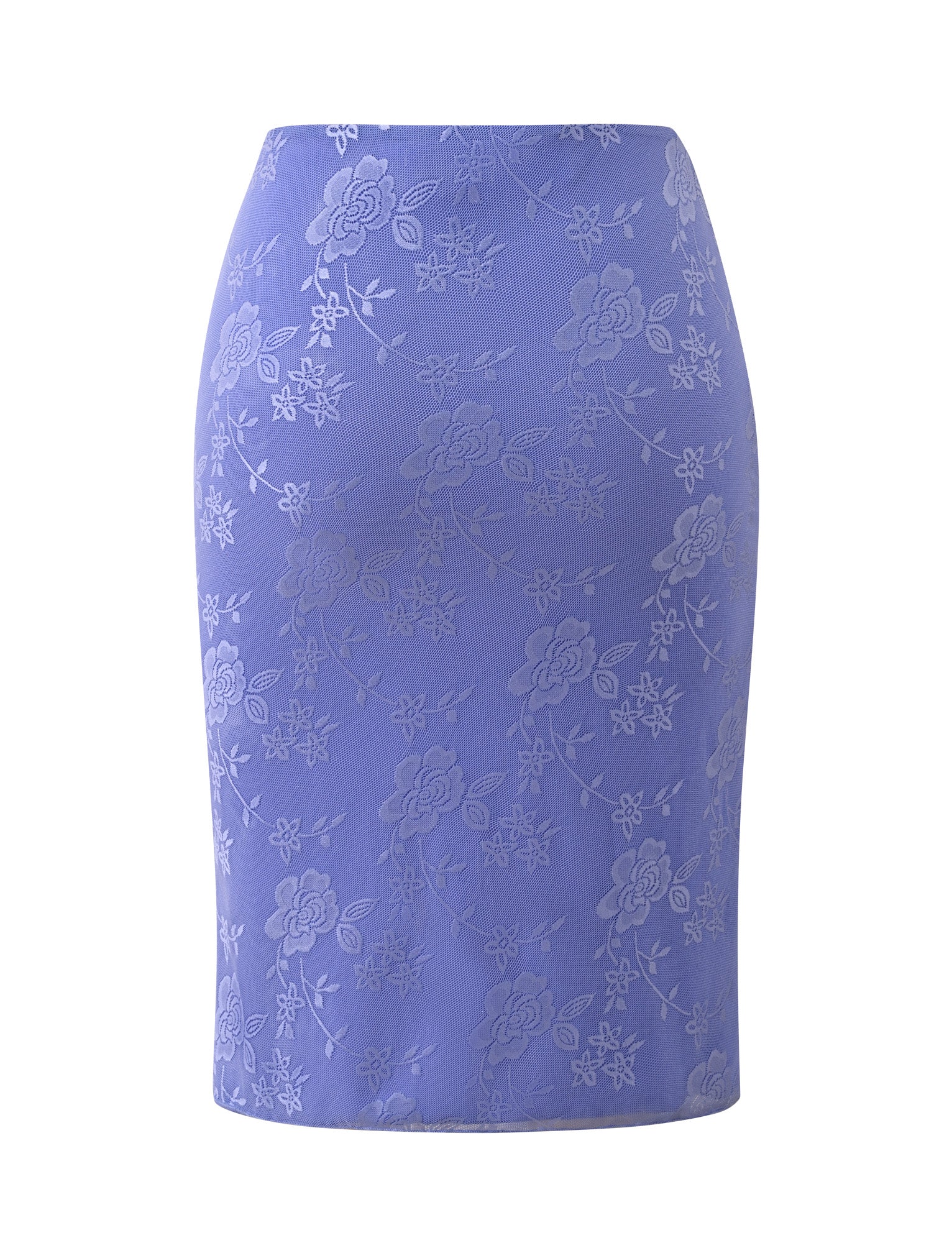 The ORLY MIDI SKIRT in Cornflower Blue Tonal by TIGERMIST features a subtle floral pattern with roses and leaves, channeling a refined 90s-inspired midi silhouette, displayed on a white background.