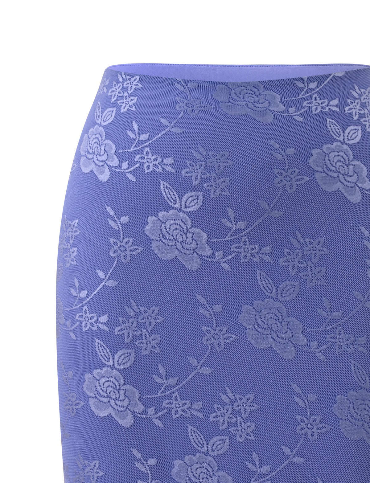 A close-up of the ORLY MIDI SKIRT by TIGERMIST in Cornflower Blue Tonal, featuring a floral lace pattern with roses and leaves in slightly lighter blue tones, capturing the elegant 90′s midi silhouette.