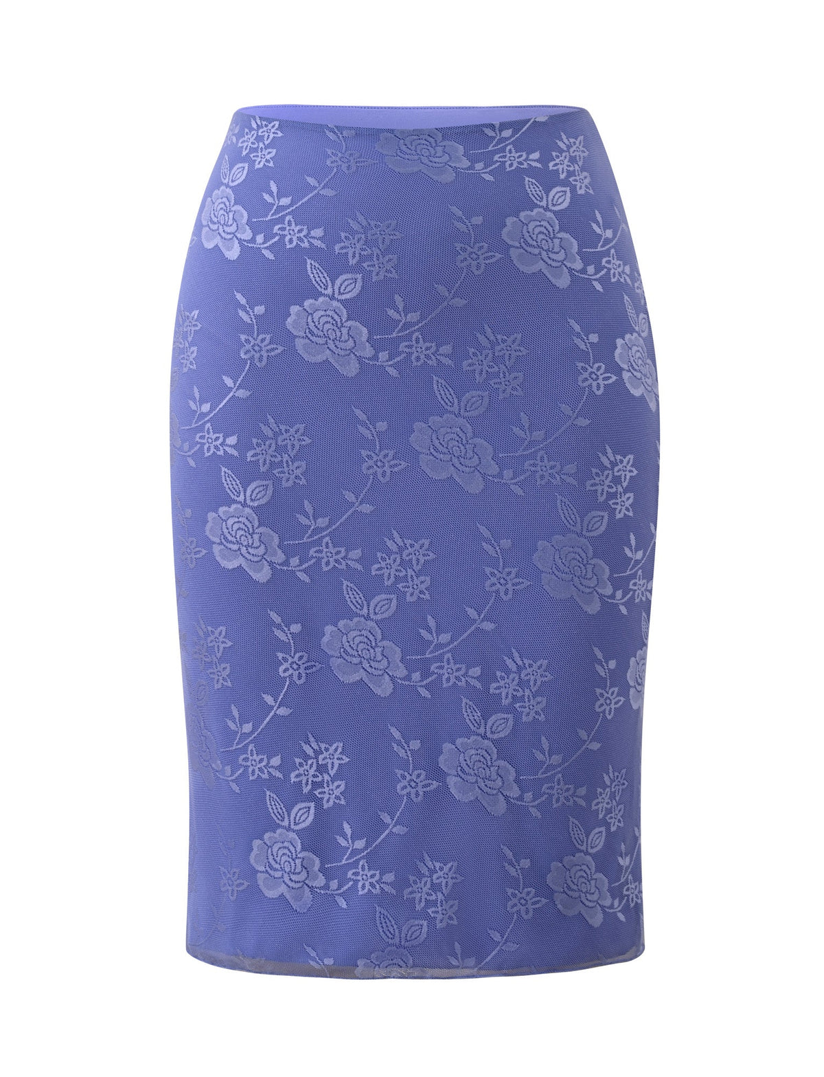 ORLY MIDI SKIRT - CORNFLOWER BLUE TONAL by TIGERMIST is a fitted, ’90s-inspired midi skirt featuring an all-over floral lace pattern in coordinating blue tones.