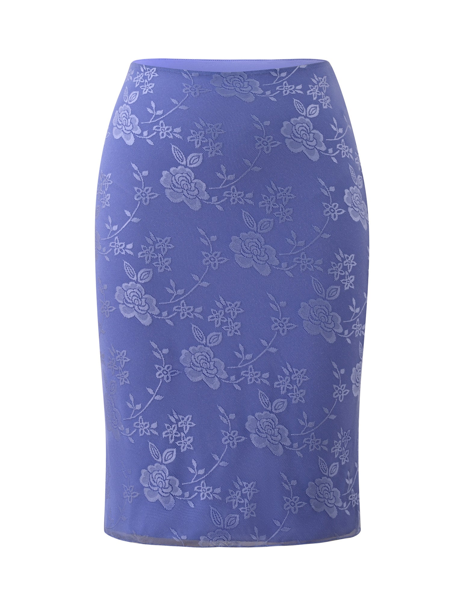 ORLY MIDI SKIRT - CORNFLOWER BLUE TONAL by TIGERMIST is a fitted, ’90s-inspired midi skirt featuring an all-over floral lace pattern in coordinating blue tones.