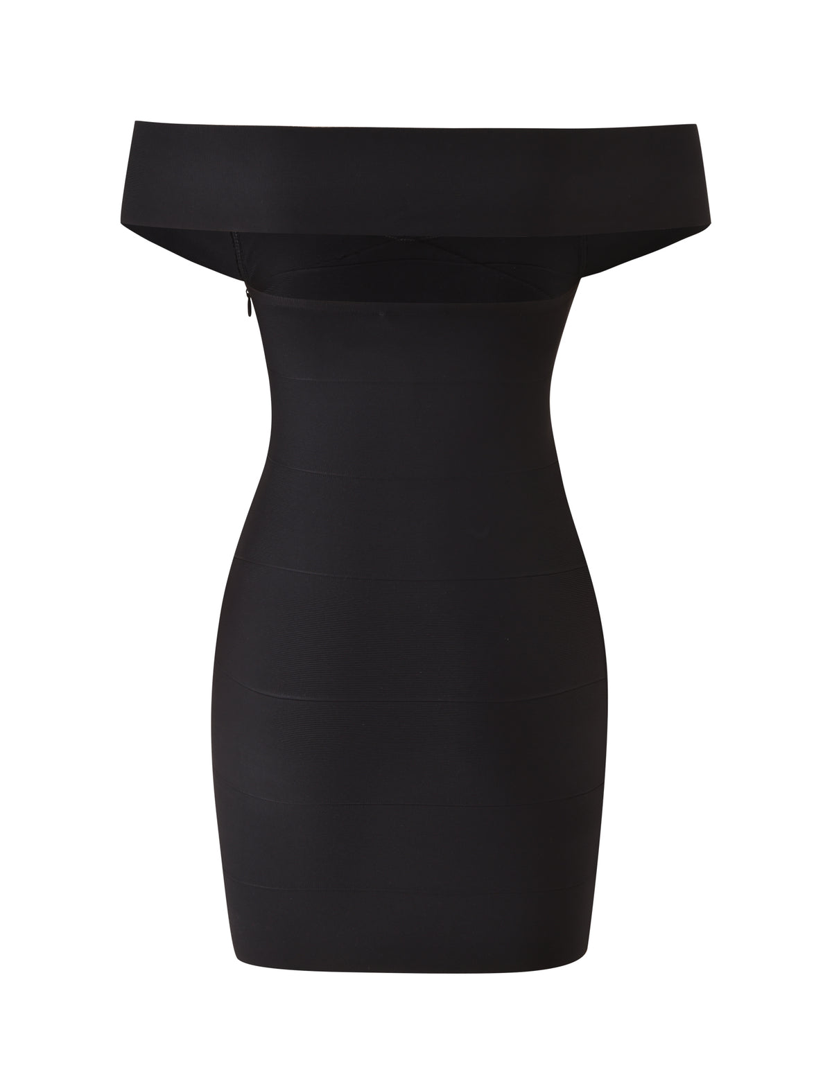 The ANTONEA BANDAGE MINI DRESS by TIGERMIST is a black off-shoulder mini dress featuring a wide neckline and smooth, seamless bandage fabric for a sleek, fitted silhouette. Its bodycon design and elegant off-the-shoulder style make it perfect for creating a sophisticated statement.