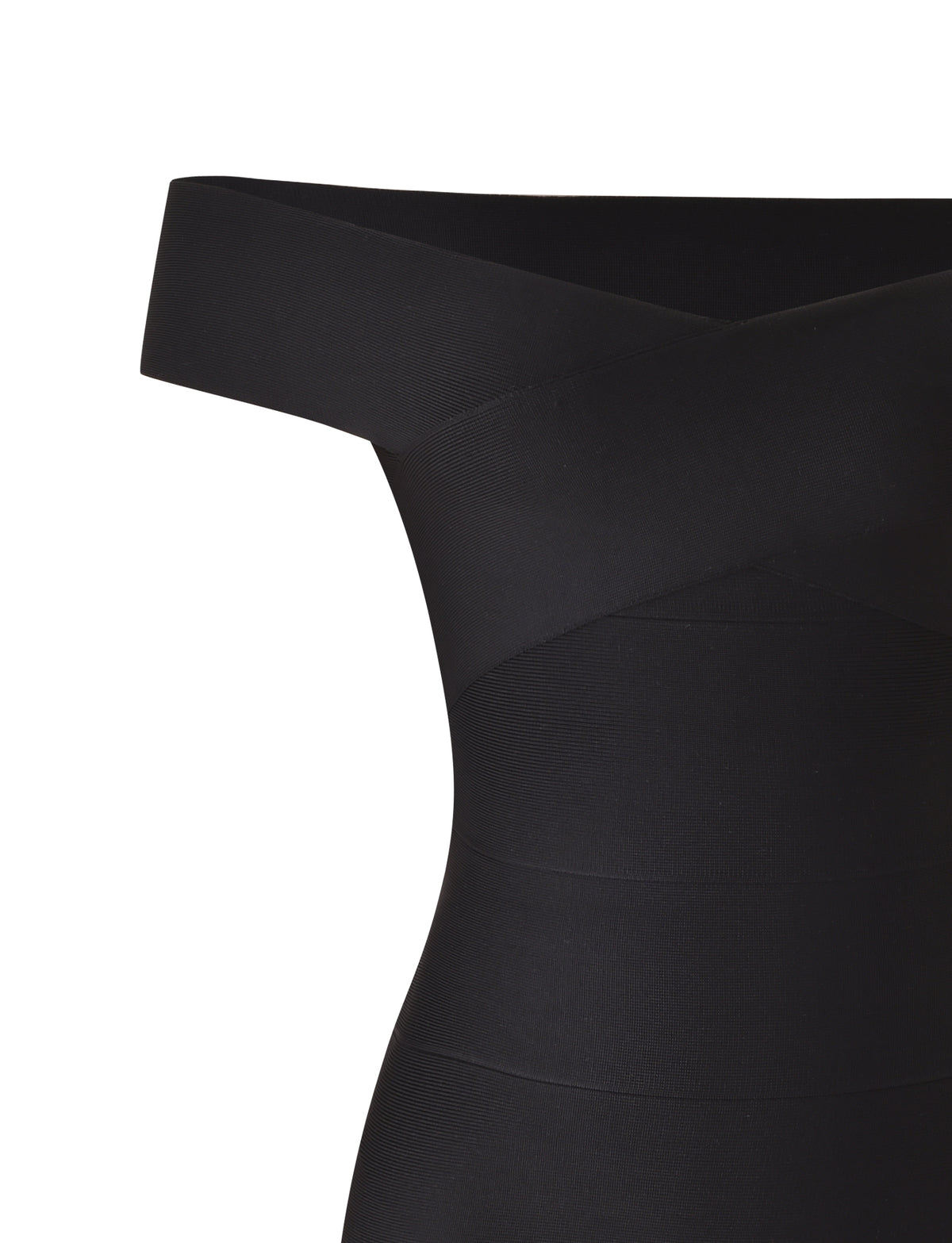 Close-up of the ANTONEA BANDAGE MINI DRESS by TIGERMIST in black, featuring a form-fitting bodycon silhouette with an off-the-shoulder, crisscross neckline and smooth, seamless fabric against a white background.
