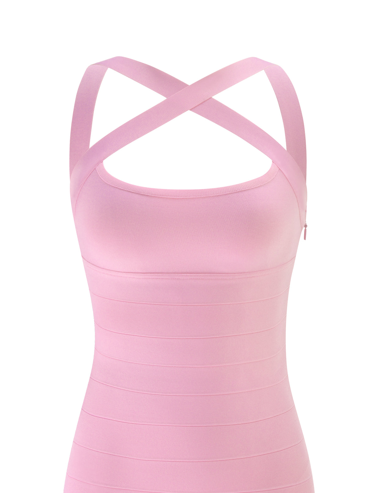 ELIORA BANDAGE MINI DRESS in baby pink, featuring a bodycon silhouette and wide, crisscross straps at the neckline.