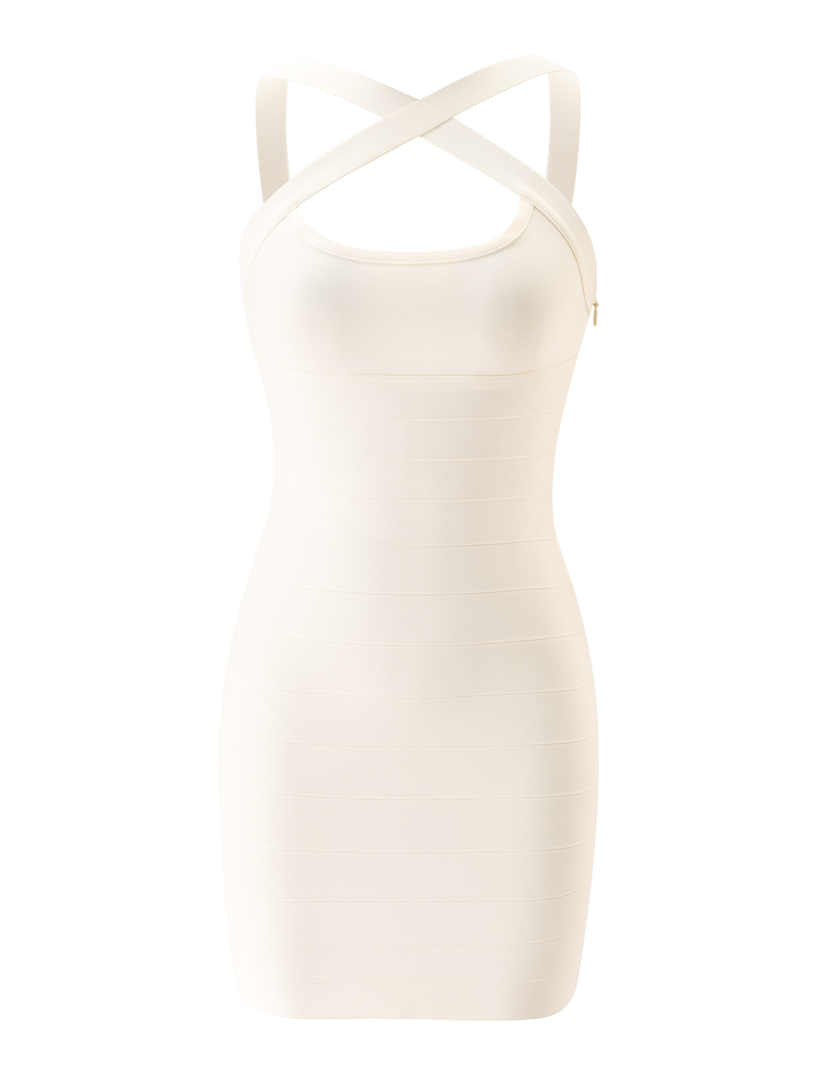 ELIORA BANDAGE MINI DRESS - IVORY in an ivory white color featuring a scoop neckline and crisscross strap detail.