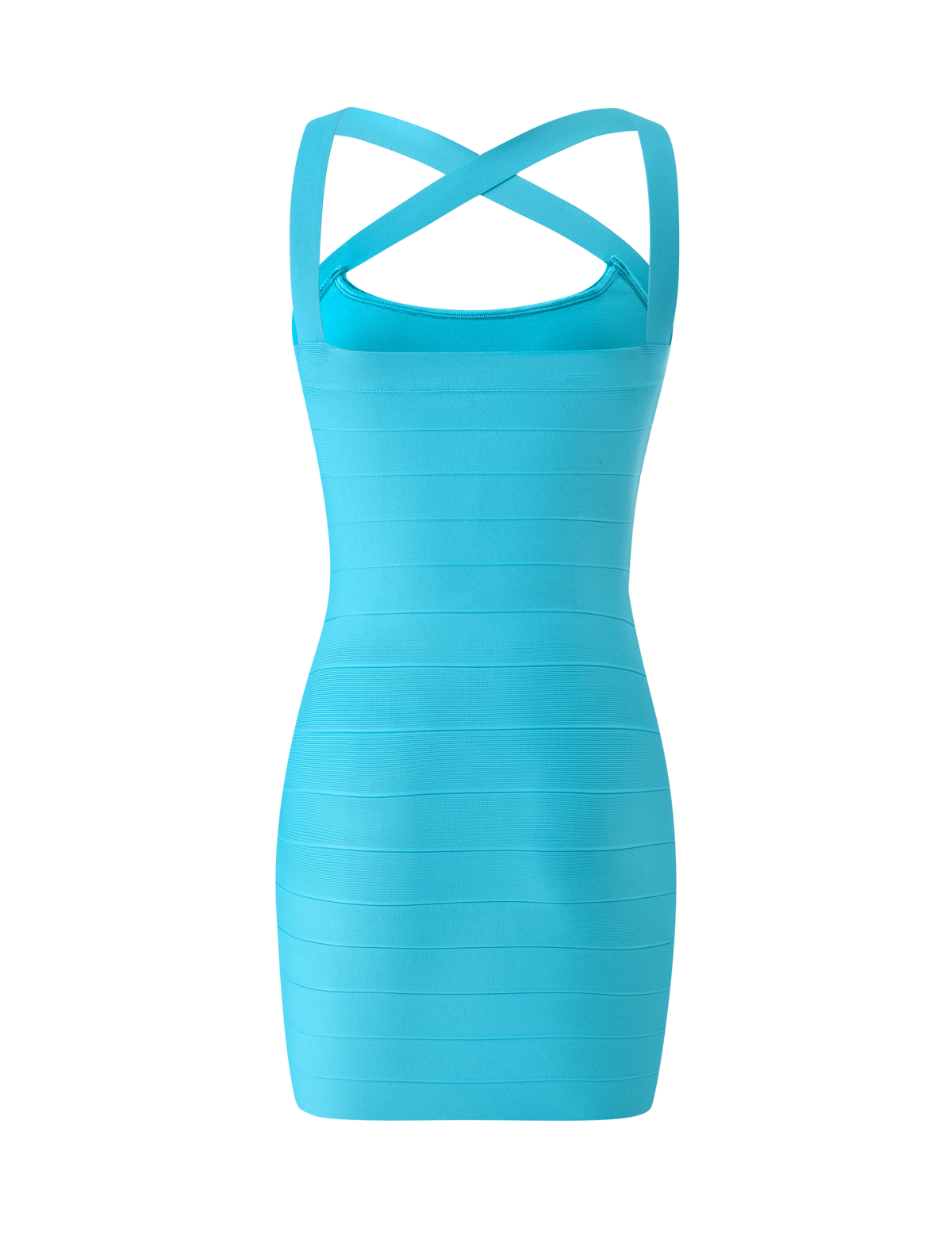 Back view of the Tiger Mist Eliora Bandage Mini Dress in Teal on a ghost mannequin