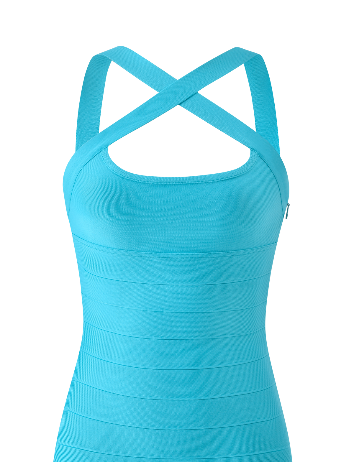 Detail view of the Tiger Mist Eliora Bandage Mini Dress in Teal on a ghost mannequin